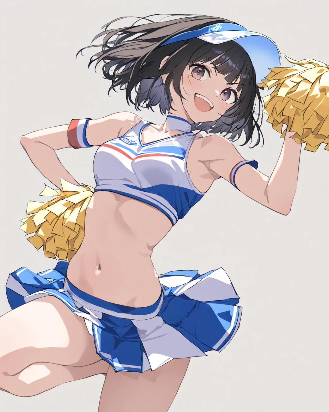 Highest quality、whole body、Black Hair、Iris、short hair、girl、cute、16 years old、、Small hair ornament、Cheerleader、mini skirt、Panty shot、Bright expression、smile、Pom-poms in the hands、