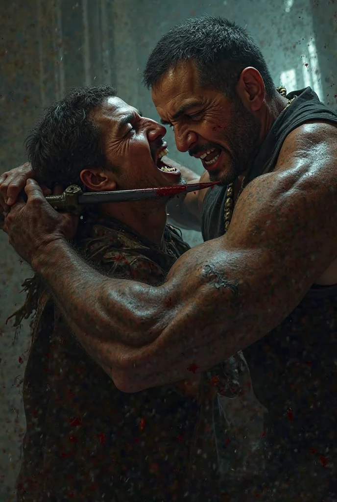 A rough oil paint of a man with a broken neck beside his defeated opponent