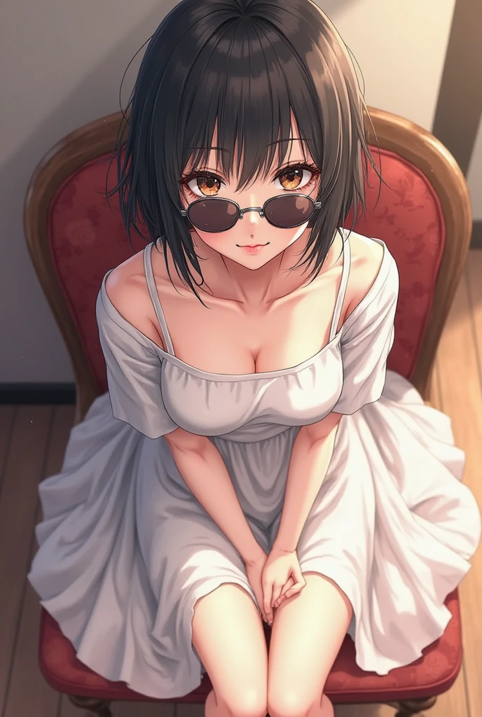 (work of art, ultra detali,high resolution,8K), 1 girl ,standing alone,hinterland,Look to viewer, TochaTortura, trunk,sheen,brunette skin,sitting on a chair,legs crossed,ssmile,black socks,blushed,lookin 

