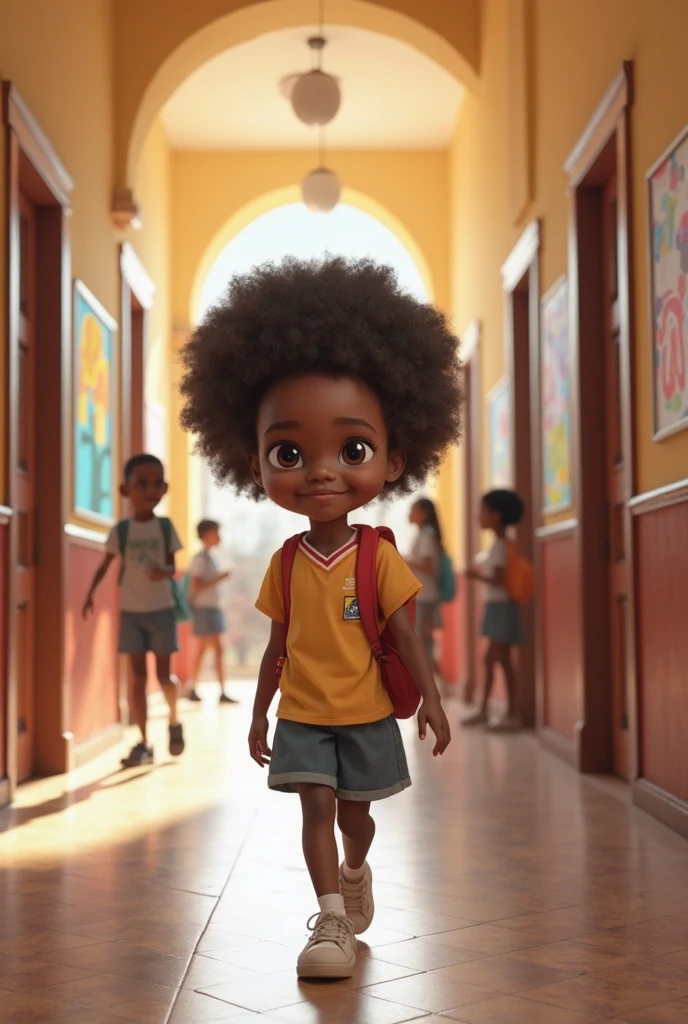 3D drawing of a black girl in classroom with board and chairs in the background and strong sunlight in the background. The 7-year-wearijeans and blue shirt.smiling child. Afro child. cabelo grande . mochila rosa. enquadre a personagem no centro. sorridente e alegre. Illuminated environment and blue sky in the background