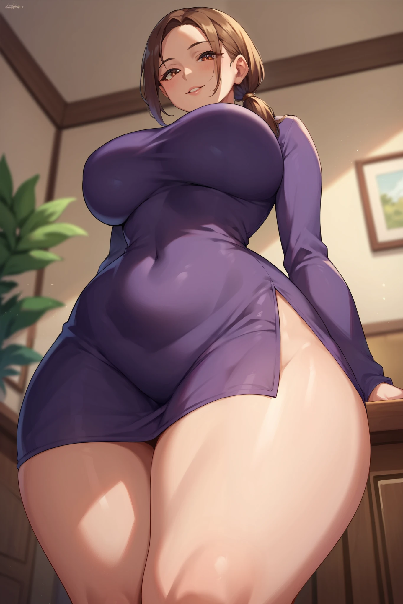 Female, brown hair, short hair, full body, wide hips, thick round thighs, large thighs, huge breasts, eyes closed, standing, indoors,, waiting, tight purple sweater, milf (42 years), naked lower body, relaxing