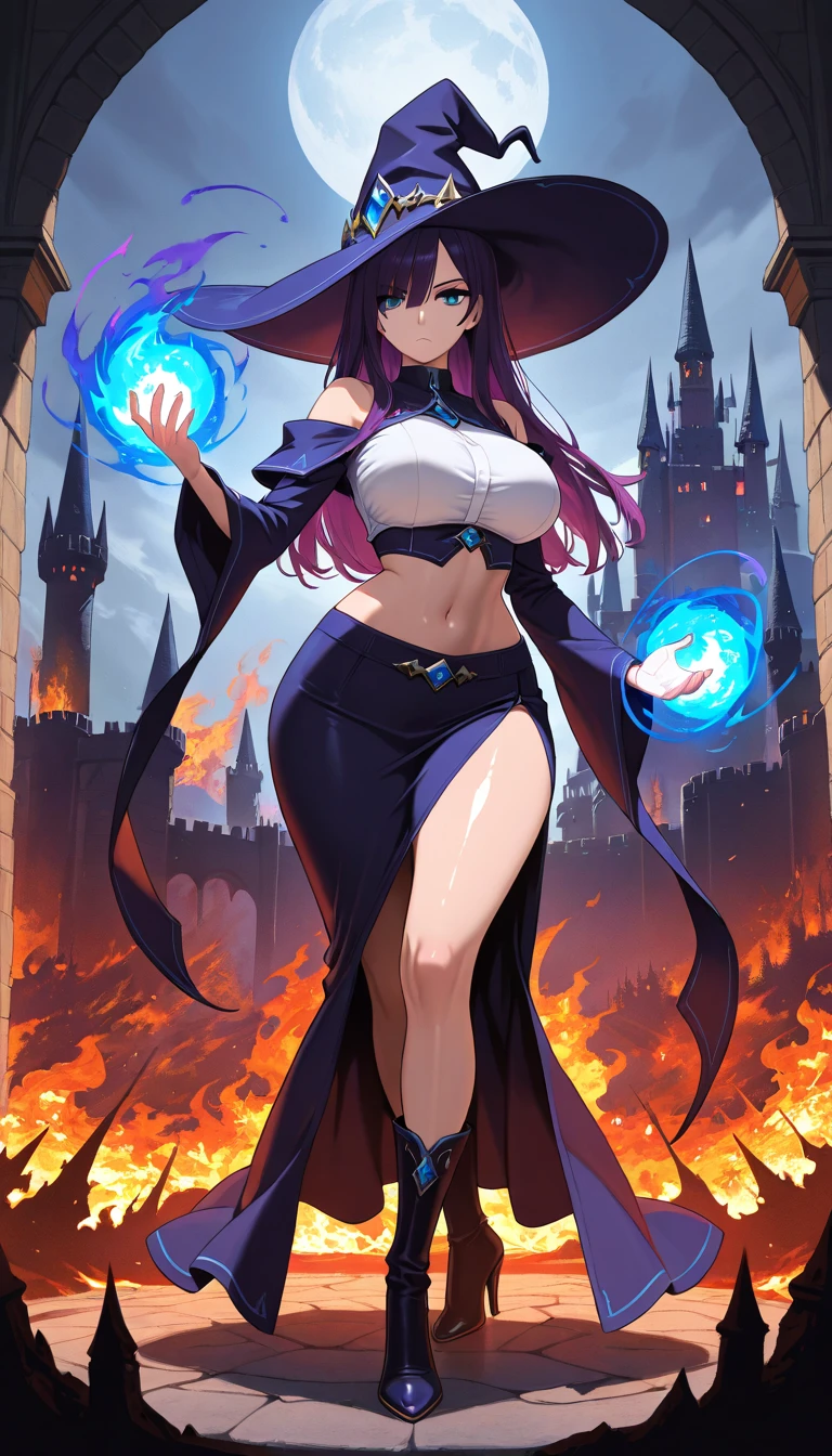 ((mulher com longos cabelos castanhos com rabo de cavalo, olhos azuis)),((pele escura)),((folded arms)),((de frente para o espectador)),((seios gigantes, bare breasts, Curvaceous woman)),((completely naked, com um cinto cobrindo sua buceta, wearing a witch's hat, segurando um cajado)),((rosto sorridente)),((em um castelo mal assombrado, at night)),
