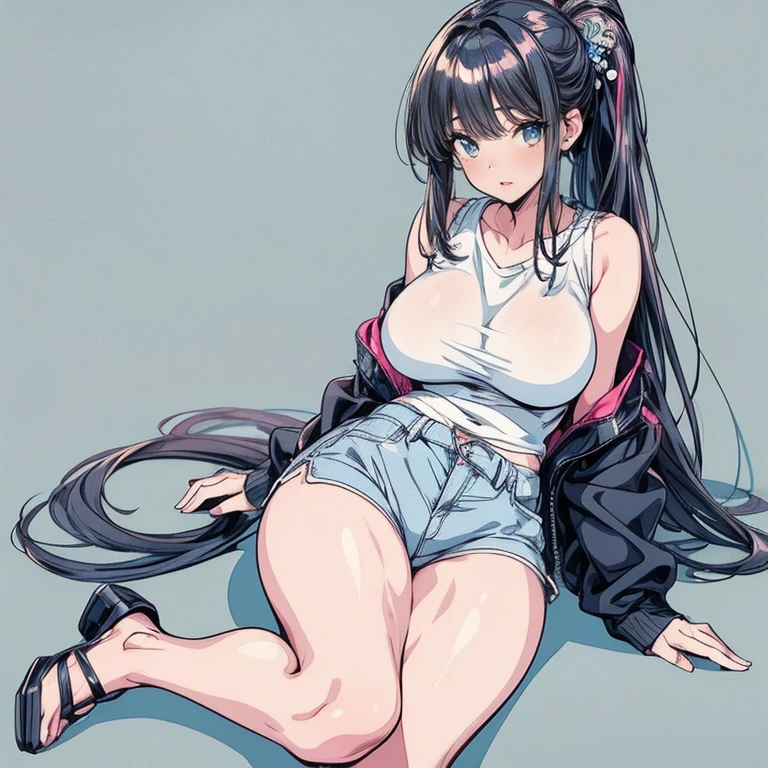 Erotic Anime Illustration、highest quality、Sex Appeal、Tokyo's Main Street、Clear face、A wall covered in graffiti paint、Splatoon、A plump gal leaning against a wall and sitting on the street、Perfect proportions、Very large breasts、Fatty legs、Spread your legs、Beautiful, shining eyes、Sweaty、Cowboy Shot、Mio Akiyama