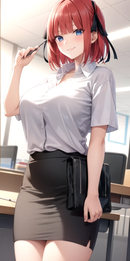 ((masterpiece, best)),(1girl),((mature woman)), light pink hair, dizzy, trumpet, ((office lady)), bangs, mid-chest, (full), slim, smiling, [wide hips] ,office,standing, aru \(blue archive\),