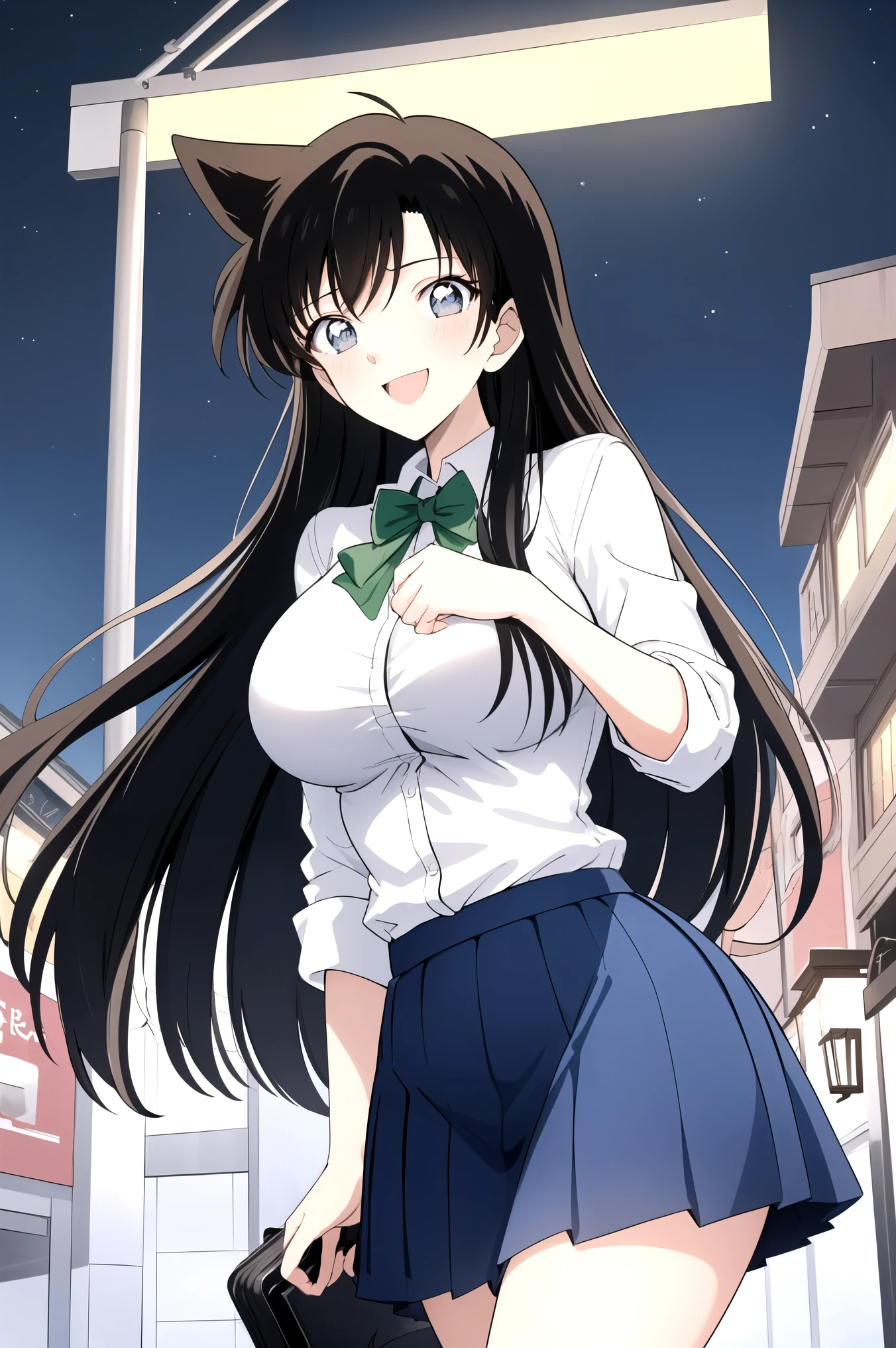 , 1990s\( style\)、1990sアニメセル画 style、best quality、high definition、( big eyes:1.2)、1 girl、embarrassing、陽気なsmile、( Big Breasts:1.2)、、masterpiece、 best quality、( 1 girl:1.4)、masterpiece、best quality、high definition,smile, masterpiece, best quality,, (Mouri Ran's Hairstyle ),(((black hair, long hair, wave hair))), Alone, beautiful eyes and detailed face, ,((, smile:1.1)), (slender,busty), ((black hair, dark eyes:1.4)), ((1 girl, Alone)), ((school uniform, green tie, white blouse,blue blazer, blue jacket:1.2,Blue Pleated Skirt,super miniskirt)), (outdoor,starry sky,Street lamp)