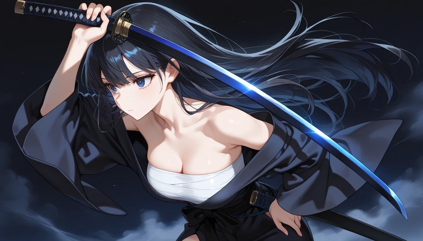 A 20-year-old woman,defined body,Samurai,eyes black,long dark blue hair,skin fair,left eye patch,roupas Samurais longas,using cloaks,holding a longsword,water powers