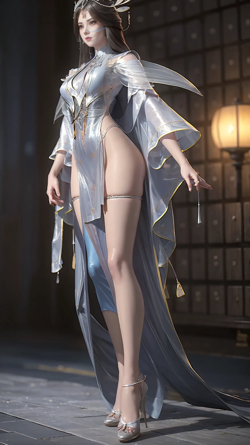 (1 girl:1.3), alone, __whole body__, official art, unified 8k wallpaper, super detailed, Beautiful and beautiful, masterpiece, best quality, raw, super detailed photos, best quality, ultra high resolution, photorealism, Sunlight, whole body肖像, amazing beauty, delicate face, vibrant eyes, (from the front), Detailed face, Gorgeous, highly refined skin, Realistic skin details, Visible pores, sharp focus, volumetric fog, 8K Ultra HD, SLR camera, high quality, film grain, White skin, photorealism, black hair, long hair, Chest, open eyes, Slit sleeves, skinny, transparent, pink, ((nude:1.4)), pink, jewelry, Gold fittings, Gorgeous配饰, complicated, sexy eyes,delicate lips, long hair, medium Chest, Sexy long legs,Nice shoes,gray background, close your lips, petal, peach blossom, pink, standing posture, ((Raise your hand,put it behind your head)),((whole body照:1.3)),((Body facing camera:1.3)),((正面whole body照:1.3)),Keep your eyes on the camera