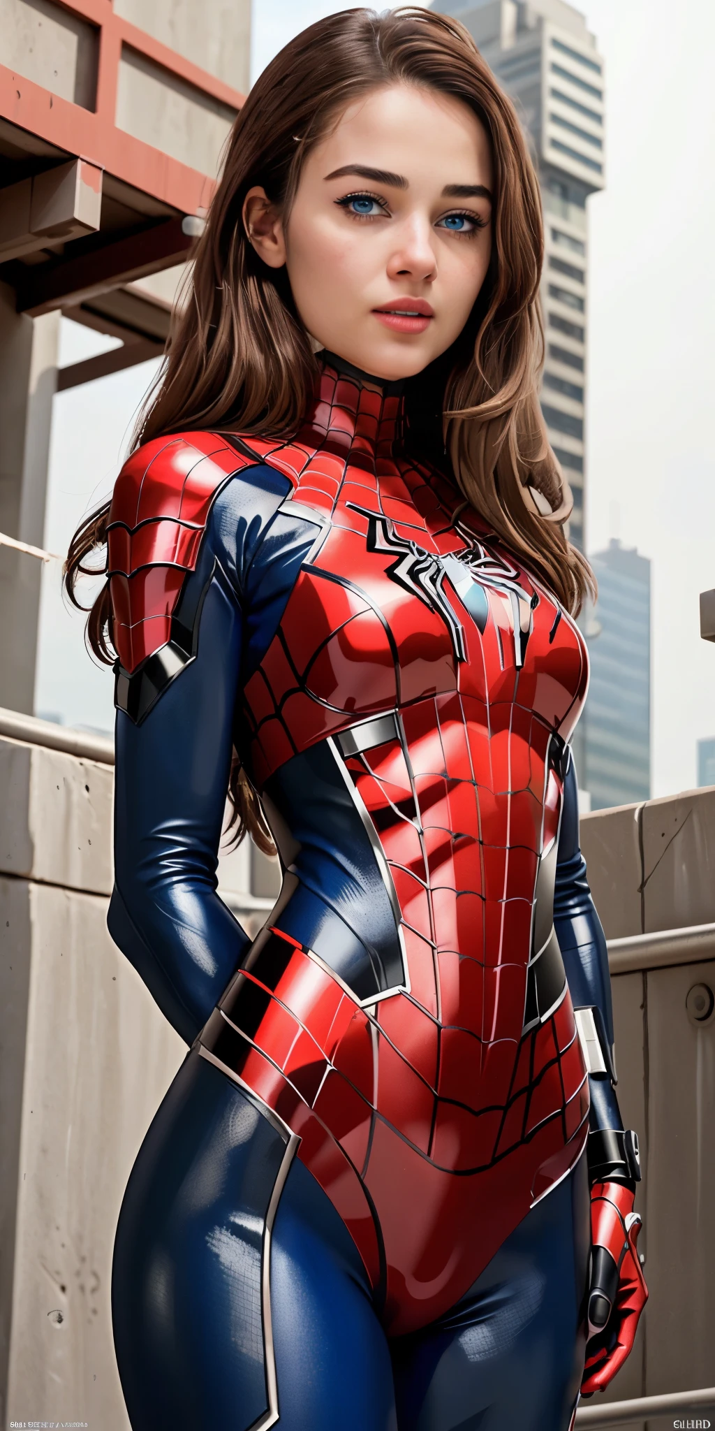(1girl:1.3), Solo, (((Very detailed face)))), ((Very detailed eyes and face)))), Beautiful detail eyes, Body parts__, Official art, Unified 8k wallpaper, Super detailed, beautiful and beautiful, beautiful, masterpiece, best quality, original, masterpiece, super fine photo, best quality, super high resolution, realistic realism, sunlight, full body portrait, amazing beauty, dynamic pose, delicate face, vibrant eyes, (from the front), She wears Spider-Man Mecha suit, red and black color scheme, Mecha spider, very detailed city roof background, rooftop, overlooking the city, detailed face, detailed complex busy background, messy, gorgeous, milky white, highly detailed skin, realistic skin details, visible pores, clear focus, volumetric fog, 8k uhd, DSLR, high quality, film grain, fair skin, photo realism, lomography, futuristic dystopian megalopolis, translucent