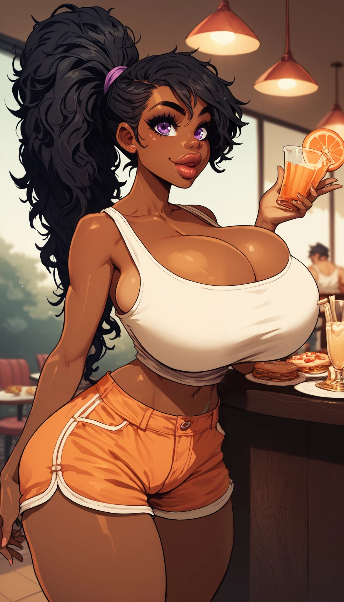 score_9, score_8_up, score_7_up, score_6_up, score_5_up, score_4_up, (source_anime), 1girl, giant breasts, big lips, beautiful face, black hair, dark skin, brown skin, woman, purple eyes, long hair, gold, wide hips, mischievous, happy, orange shortshorts, loose white tank top, ponytail, restaurant, cheeseburger