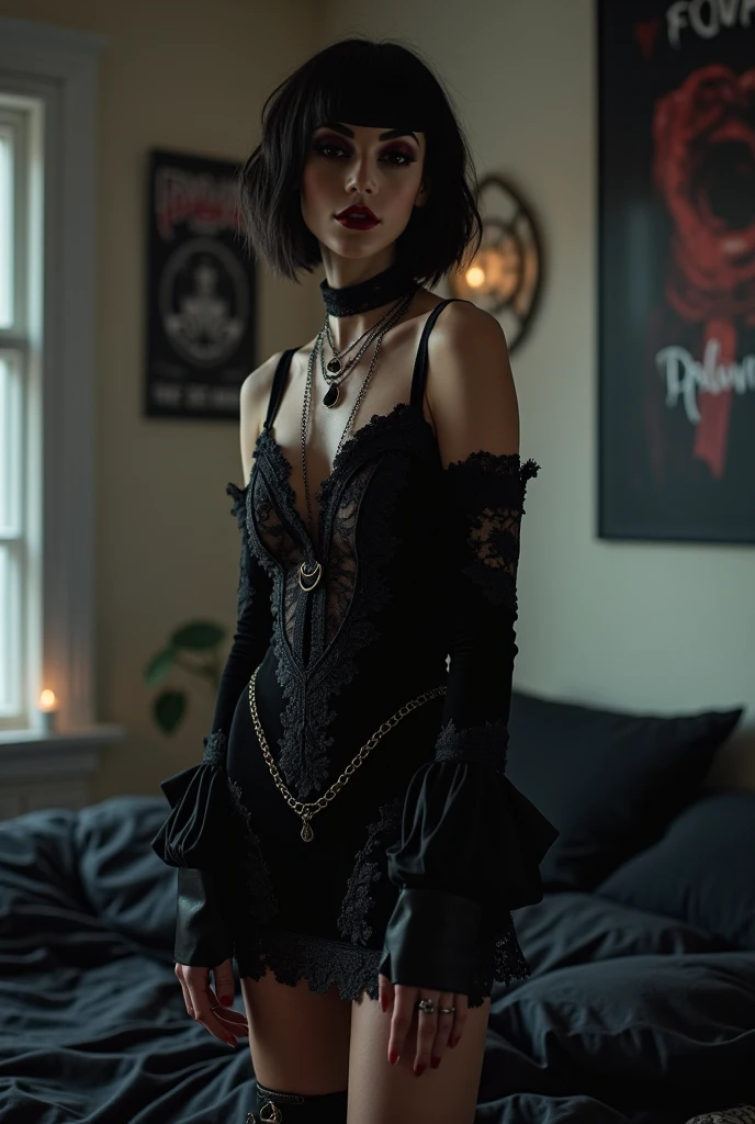 (best quality, 4k, 8k, highres, masterpiece:1.2), ultra-detailed, (realistic,photorealistic,photo-realistic:1.37), gorgeous light skin black woman, seductive gaze, elegant posture, gothic background, sensual beauty, glamorous fashion, black gothic gown, pantyhose, dark colors, moody lighting, full body pose
