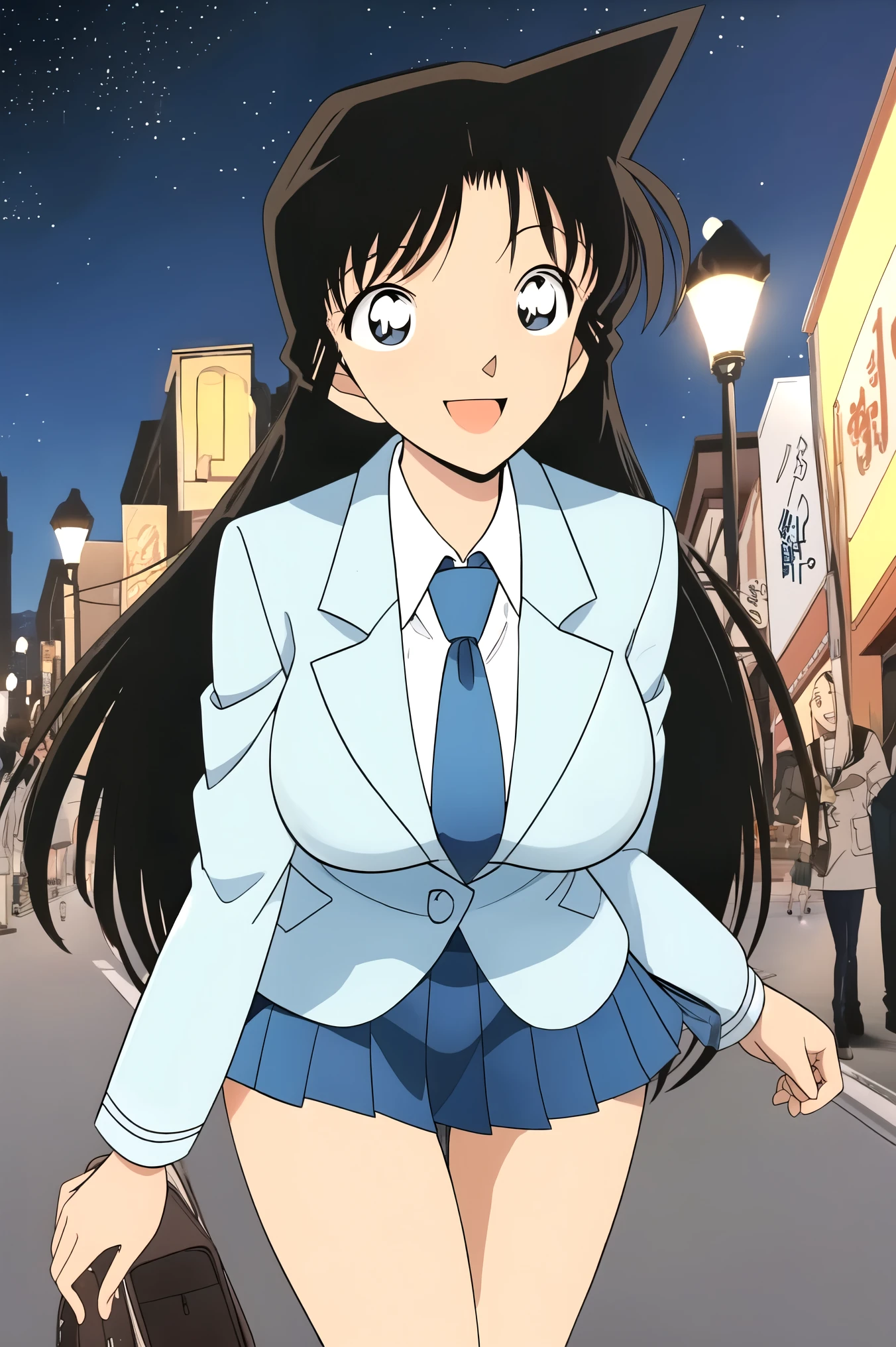 , 1990s\( style\)、1990sアニメセル画 style、best quality、high definition、( big eyes:1.2)、1 girl、embarrassing、陽気なsmile、( Big Breasts:1.2)、、masterpiece、 best quality、( 1 girl:1.4)、masterpiece、best quality、high definition,smile, masterpiece, best quality,, (Mouri Ran's Hairstyle ),(((black hair, long hair, wave hair))), Alone, beautiful eyes and detailed face, ,((, smile:1.1)), (slender,busty), ((black hair, dark eyes:1.4)), ((1 girl, Alone)), ((school uniform, green tie, white blouse,blue blazer, blue jacket:1.2,Blue Pleated Skirt,super miniskirt)), (outdoor,starry sky,Street lamp)