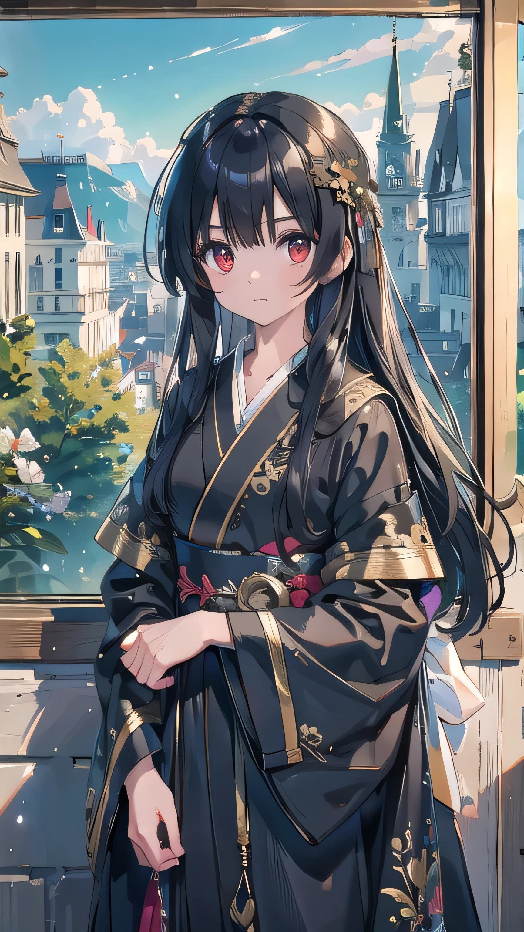  Strong Details ,  HIGHLY Details, photorealistic facing y, best quality, high definition,  reverse exchange, high detail, best quality, 16k, [ ultra More], masterpiece, best quality, ( Extremely detailed )((top quality)),((masterpiece)),  Scenery, 　upper body, 1 girl, Adventurer　 clear 　Shiny black hair　 Pottery Skin 　black robe　 kimono　stupid hair　Noble Long Hair 　 scrapes up the hair　red eyes　Belt Sword,listless expression、Looking out the window from inside the room、