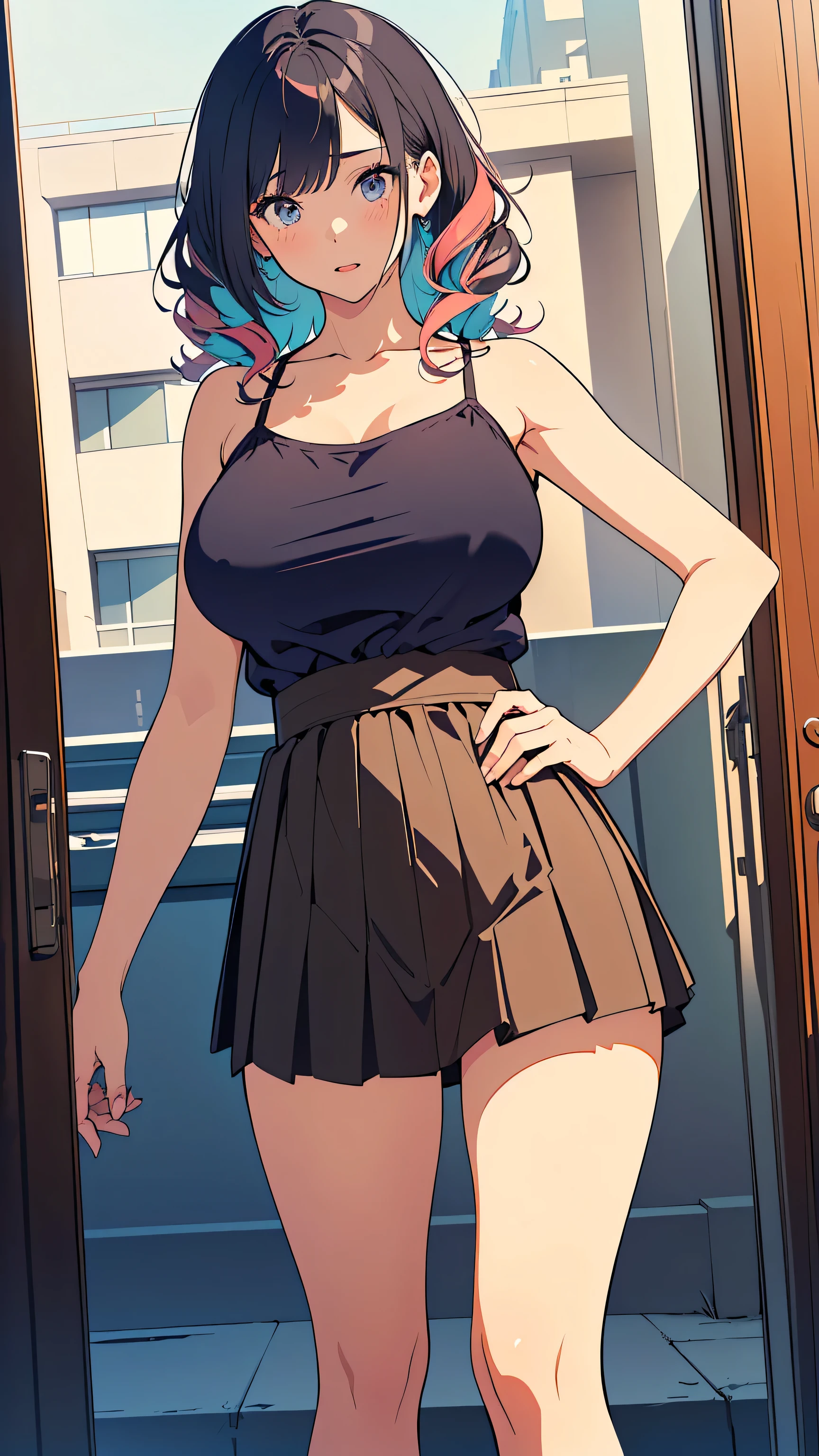 masterpiece, best quality, illustration for both eyes, (( Picture drawn with very fine lines:1.3)), super detailed, Finely Details, high definition,  8k Wallpaper, perfect dynamic composition, Beautifully Detailed Eyes,  dress, ( medium hair,  curl hair , Curly hair, Random color ), (Big Natural Tits:1.5), NATURAL COLOR LIPS,  ((Twilight look)), shame, (random sexy pose, bending forward), (((28-year-old woman, adults))), (Cardigan, Random color ), (Thin cotton camisole, Random color :1.3), Chest Valley:1.5, A slightly exposed waist,(pleated skirt, Clothes that look like adults,   long, Random color ),  Focus on the butt, cowboy shot, Photo from the front:1.3, Scene 1 from the movie , rain, (rain wet, rain clothes stick to the body, rain partially transparent clothes:1.3),