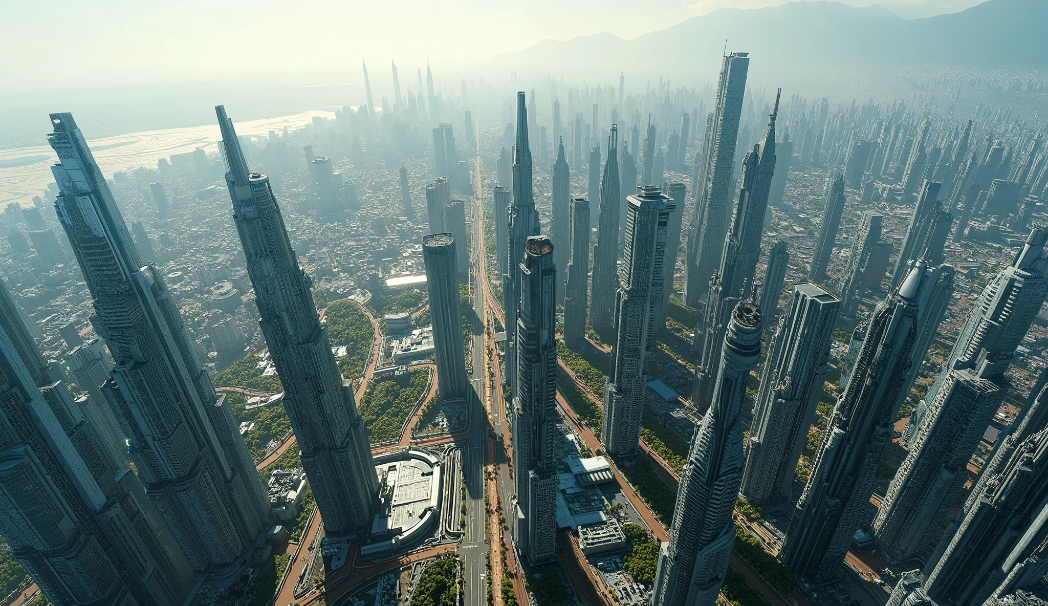 drone shot, modern skyscrapers in the city