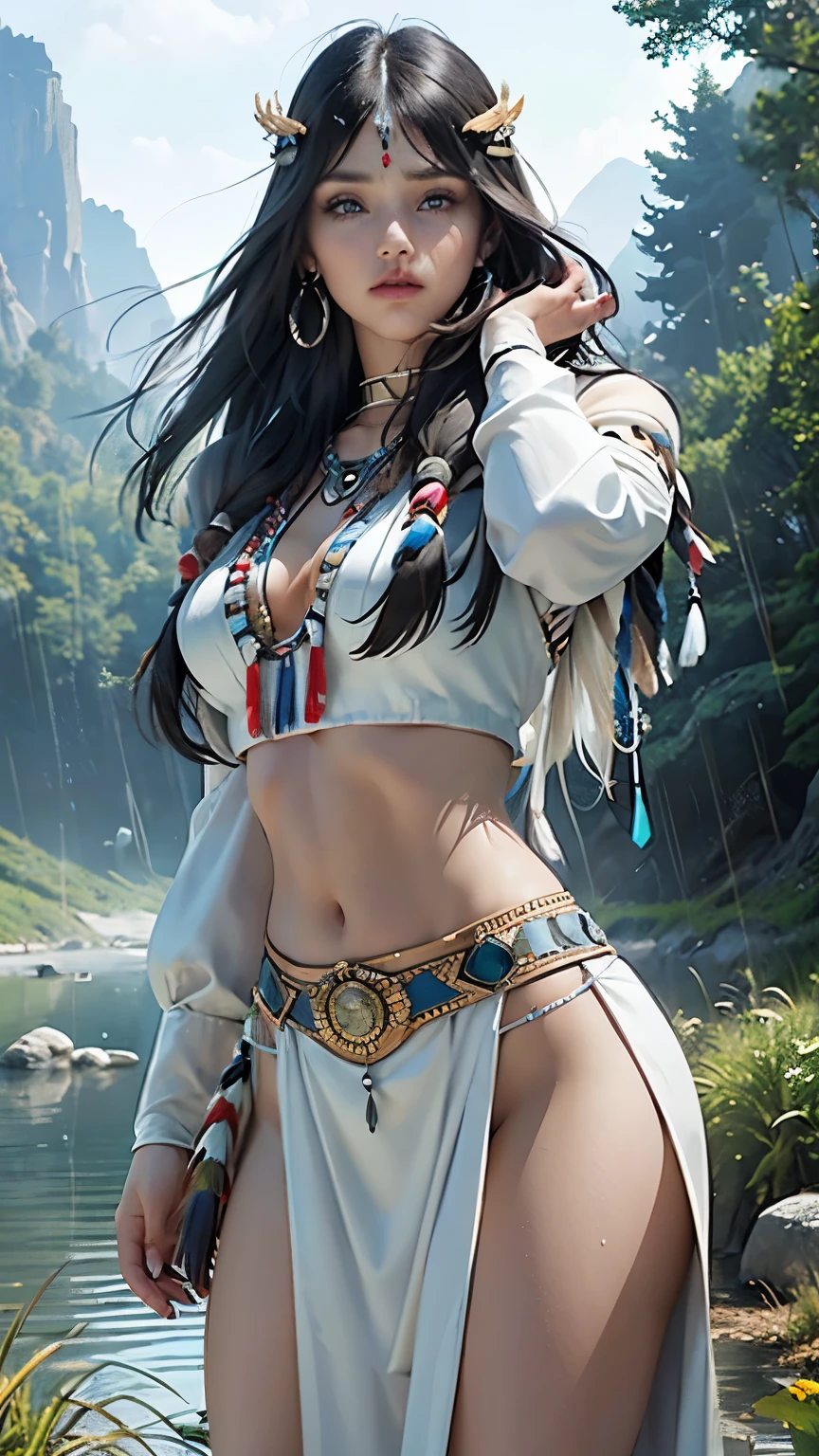 girl,, ancient eskimo warrior, warrior gear, spear in hand, furry clothes, facepaint, bodypaint, accesories, exposed breasts, small breasts, naked breasts, topless, vibrant appearance, creative behavior, imaginative, sensual, spontaneous, highest quality, skin texture, intricate details, (cinematic lighting), RAW photo, 8k