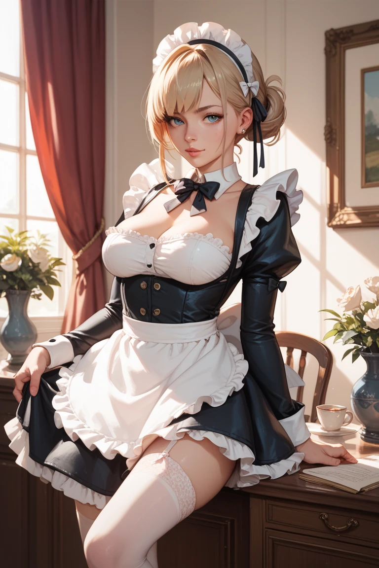 (masterpiece, high resolution,ultra - detailed:1.0),1 girl,Young and beautiful women,eye looking to camera,Perfect female body, big beautiful elongated breasts, breast cup h, Extremely long breasts, Extremely detailed CG,Unity 8k wallpaper,Complicated details, solo person, (skimpy Maid clothes), French Maid Open Uniform, short skimpy Maid dress, lace stockings, color difference, Depth of field,dramatic shadow, Ray tracing, Best quality, Cinematic lighting, Beautiful young maid, manipulative cunning, sly dominant maid, cruel, deceitful, fake smiles,blonde, sagging breasts