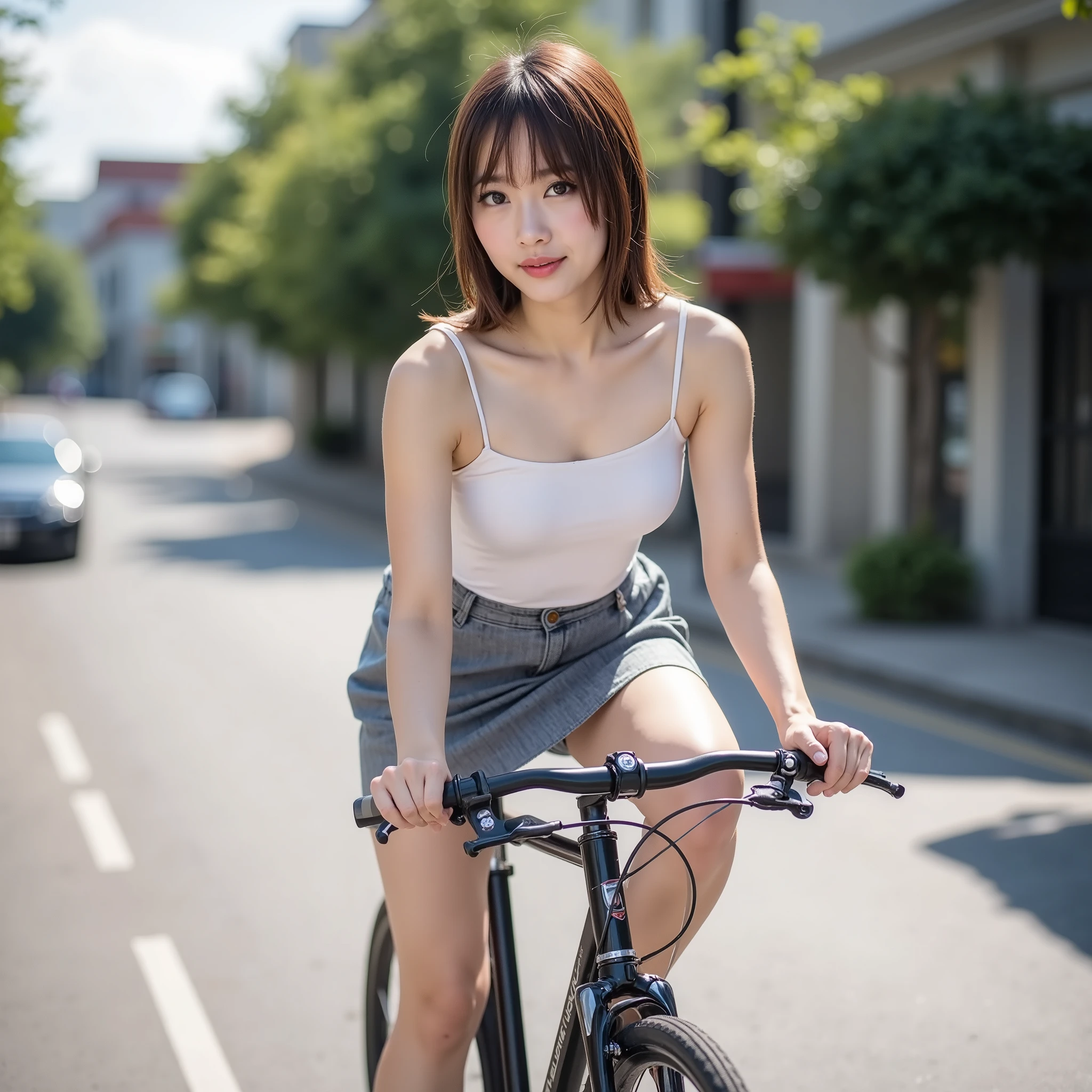 Photo shot showing the full body of a beautiful female professional、young woman riding a bike on a city road、Take a picture of her diagonally backwards from below、Ride a bicycle and look back and watch the viewers、large tank tops for women、panties slightly visible on the bicycle frame、wearing a pleated skirt、She has brown twin tails and dark brown symmetrical eyes、detailed face、On a bicycle frame「anna」A modern font written with