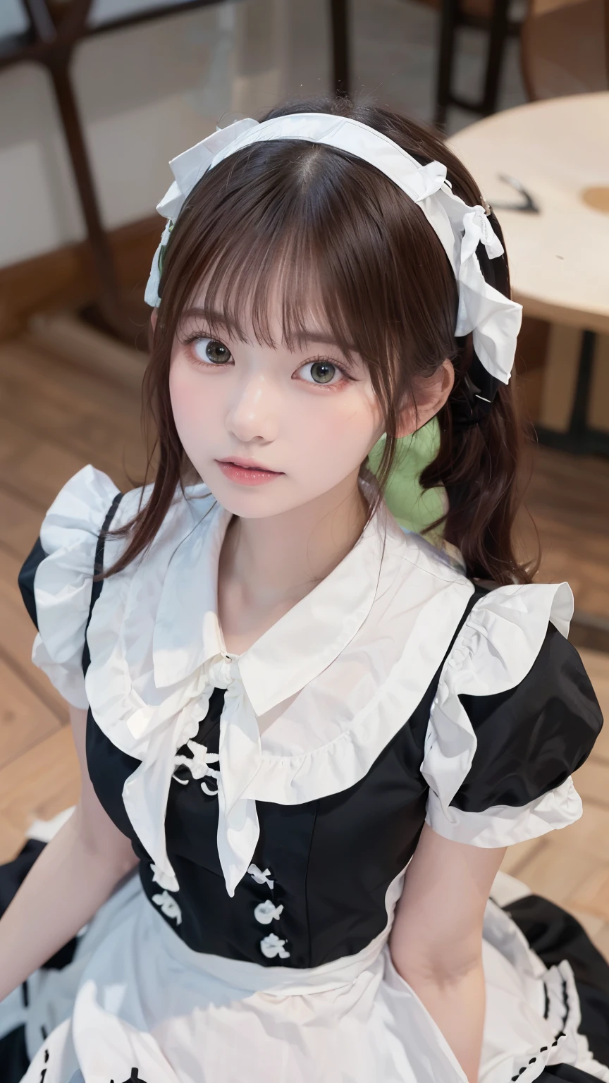 Tabletop, highest quality, figure, Very detailed, In detail, High resolution, 8k wallpaper, Perfect dynamic composition, ((close:1.3, From above, View your viewers)), Beautiful fine details , (Wearing a cotton maid outfit, , Cute Ruffle Girl Dress, Maid's headband, The color base is white、black、green),Twin tails