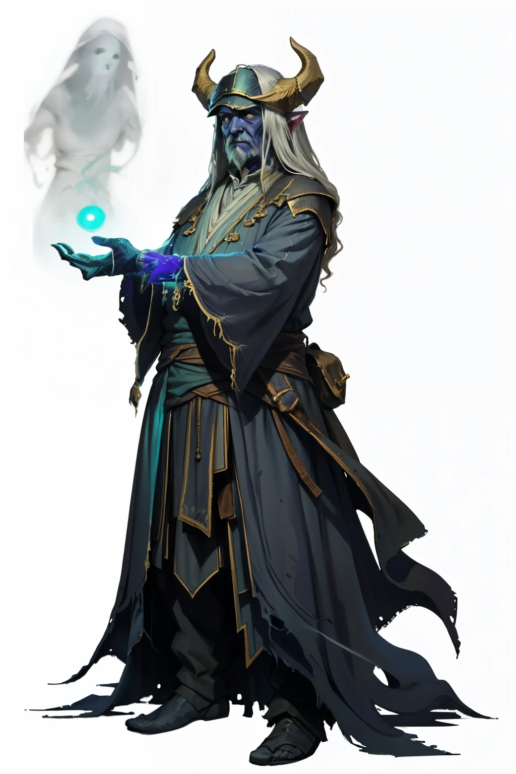 (full body image, forbidden to cut or not appear from head to toe, PNG format , transparent background, white background, Ghosts theme, rpg) &&&&& (high quality, masterpiece) &&&&& HAUNTING": An old man, with messy duvet clothes and very strong, your hair is long and loose, Wearing a helmet with horns, the colors of your clothes are almost unidentifiable because men have a light greenish aura, pois é uma HAUNTING, A ghost of an old old man, His posture is calm and crude and he is an artisan