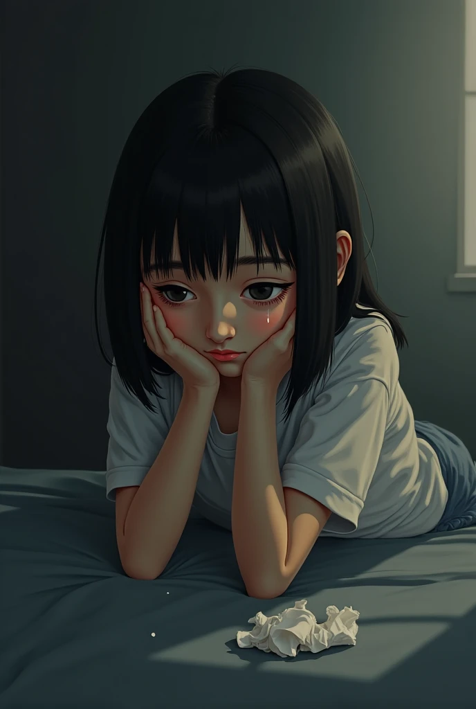 Create a boy with short black hair androgynous face and body with large breasts of a woman wearing jeans and white sneakers sitting on the edge of a bed crying