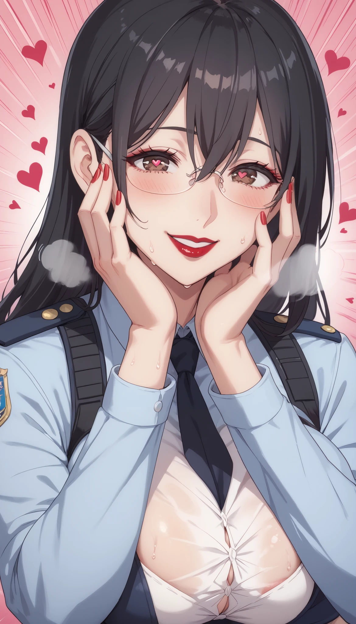 39 year old girl, motherly, milf, horny, hanyuu mayuri, glasses, heart-shaped pupils, fingernails, hands on own face, black hair, long hair, red lipstick, brown eyes, (red: 1.1), police uniform, upper body, trembling, sweat, sweat drops, heart, (speed line: 1.1), big breasts, loose breasts, (heavy breathing: 1.3)), love, heart, happy, smile