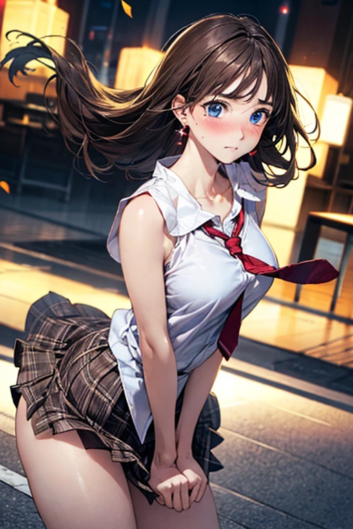 (masterpiece, highest quality), intricate details, thin, ((slim)), beautiful girl, light pink hair, white skin, blue eyes, sharp jaw line, cropped jacket, messy hair, d cup bust、cleavage,((table top, highest quality, High resolution, nffsw, perfect pixel, 4K, nffsw, nffsw))), 1 girl, single, alone, beautiful woman、I could see the whole body、 ((middle wavy hair, bangs, brown hair)), ((brown eyes, beautiful eyelashes, realistic eyes)), ((detailed face, blush:1.2)), ((smooth texture:0.75, realistic texture:0.65, realistic:1.1, Anime CG style)), medium breasts, dynamic angle, perfect body, ((red bow tie, school uniform, , white shirt, black skirt, plaid skirt)), City staircase、Angle looking up from the bottom of the stairs、Very embarrassing panic smile, looked back、leaning forward、(The wind flipped my skirt and exposed my butt....................、Touching the buttocks with both hands、light blue lace panties)、