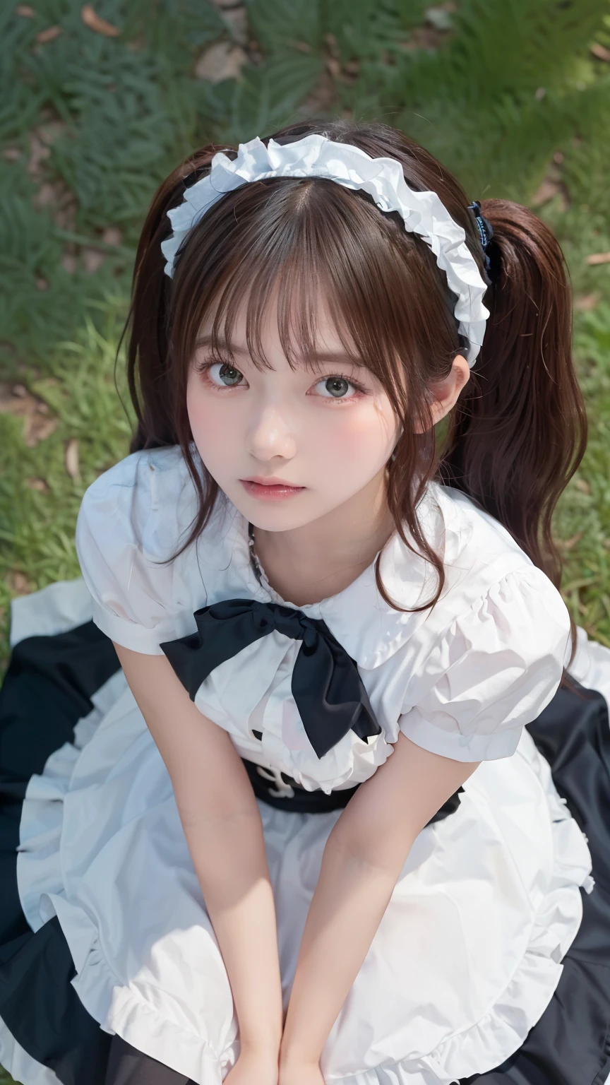 Tabletop, highest quality, figure, Very detailed, In detail, High resolution, 8k wallpaper, Perfect dynamic composition, ((close:1.3, From above, View your viewers)), Beautiful fine details , (Wearing a cotton maid outfit, , Cute Ruffle Girl Dress, Maid's headband, The color base is white、black、green),Twin tails