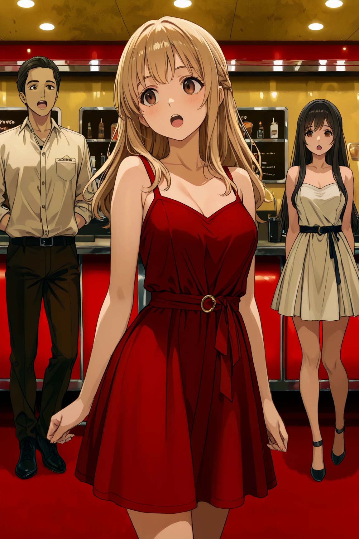 score_9,score_8_up,score_7_up,18 year old,1girl,asuna \(sao-alo\), sword art online,yuuki asuna, brown eyes, brown hair, long hair, bangs, braid,sitting, holding cup, smile,large breasts,brown hair,parted hair,long hair,red dress,halter dress,plunging neckline,center opening,cleavage,navel,earrings,bracelet,people,multiple boys,restaurant,