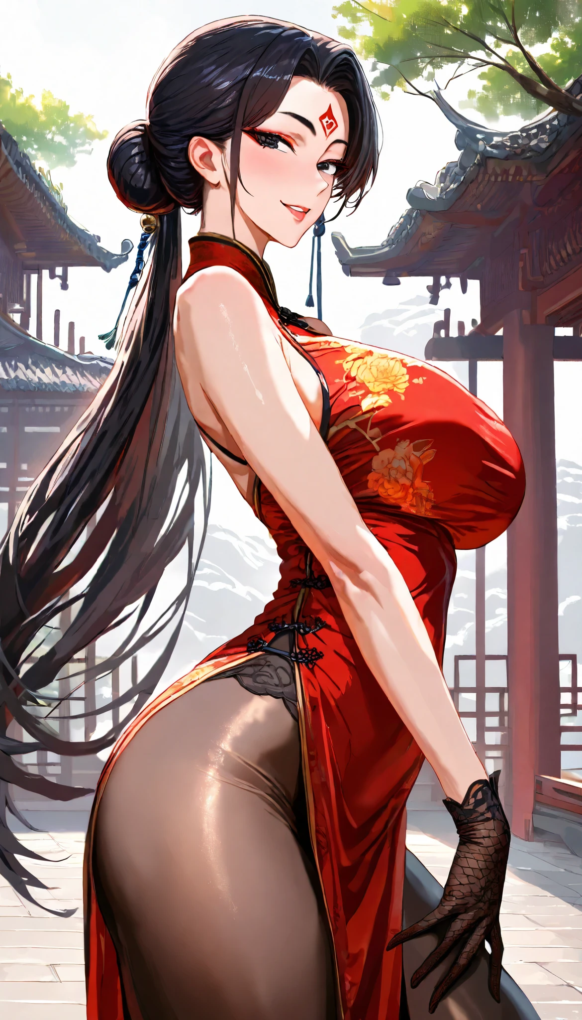 SOLO, A Female,Mature flavor, Perfect body, (Chinese long hair,Black Hair,hair bun),(Black eyes),Red Forehead tattoo, Wearing A Red sleeveless Cheongsam,Black pantyhose,Black long silk gloves, In the Chinese classical garden, Outdoor,Naughty face, seductive smile,UHD, anatomically correct, masterpiece, textured skin, high details, highres, 1080P, 16k, accurate, Beautiful face, Perfect face, Highly detailed beautiful face and eyes, Attractive face, Detailed face, Delicate facial features, Detailed skin,Cowboy shot,Look at the view,from side,(((hbig bosom)))