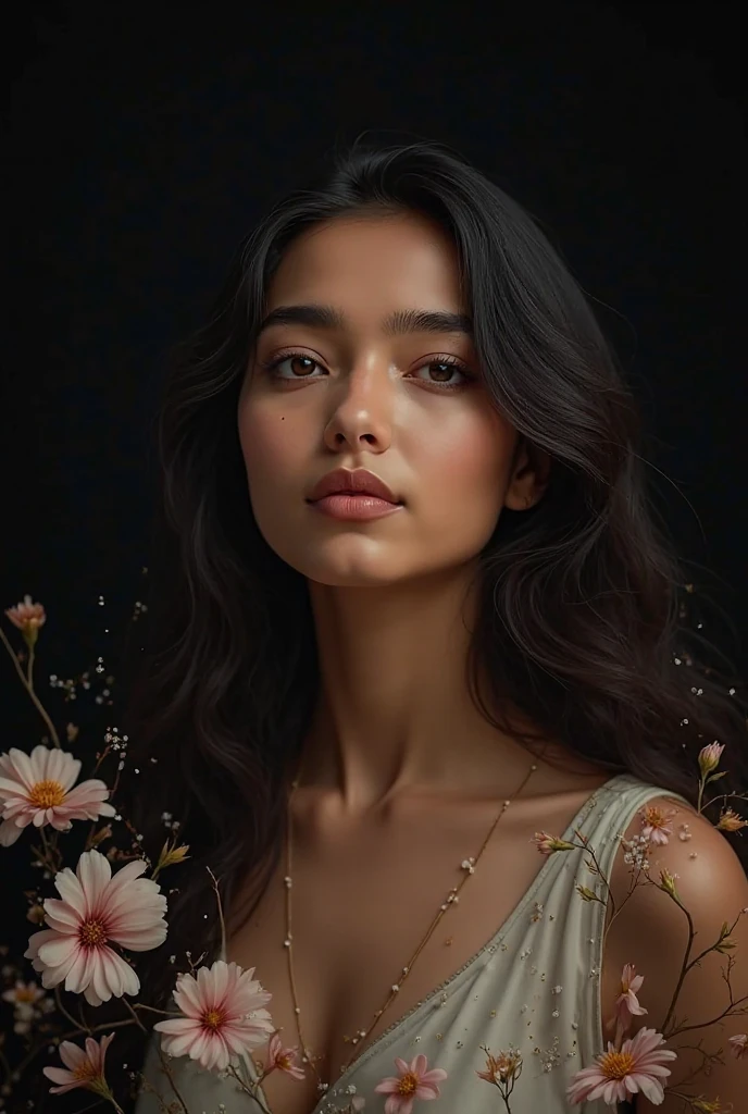 best quality, masterpiece,((text "LOVE" in foreground, big font, green text)) highres, 1girl, transparent silk china dress, beautiful face, hair ornament, looking at viewer, smile, closed mouth,lips, dress,hair ornament, necklace, jewelry, long hair, earrings, Beautiful face,upon_body, tyndall effect,photorealistic, dark studio, rim lighting, two tone lighting,(high detailed skin:1.2), 8k uhd, dslr, soft lighting, high quality, volumetric lighting, candid, Photograph, high resolution, 4k, 8k, Bokeh photo-realistic, 8k, highly detailed, full length frame, High detail RAW color art, diffused soft lighting, shallow depth of field, sharp focus, hyperrealism, cinematic lighting, a woman in a beautifully makeup, eyeshadow, beautiful big eyes, long eye lashes, wearing (Gray satin), loosely tide, ((Taupe satin kaftan)), 