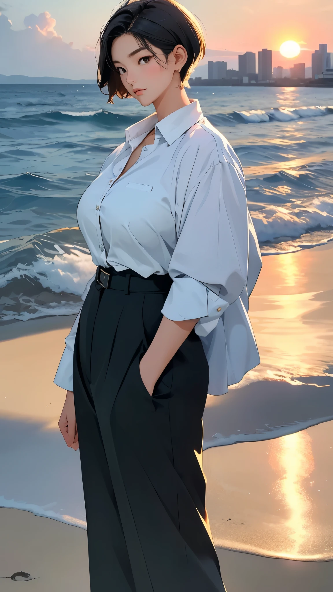 (best quality, masterpiece:1.2), A beautiful Korean woman with a glamorous figure, (huge breasts), neat short hair, seen from the side, wearing dress pants and a white button-up shirt, stands by the sea under the evening sunset