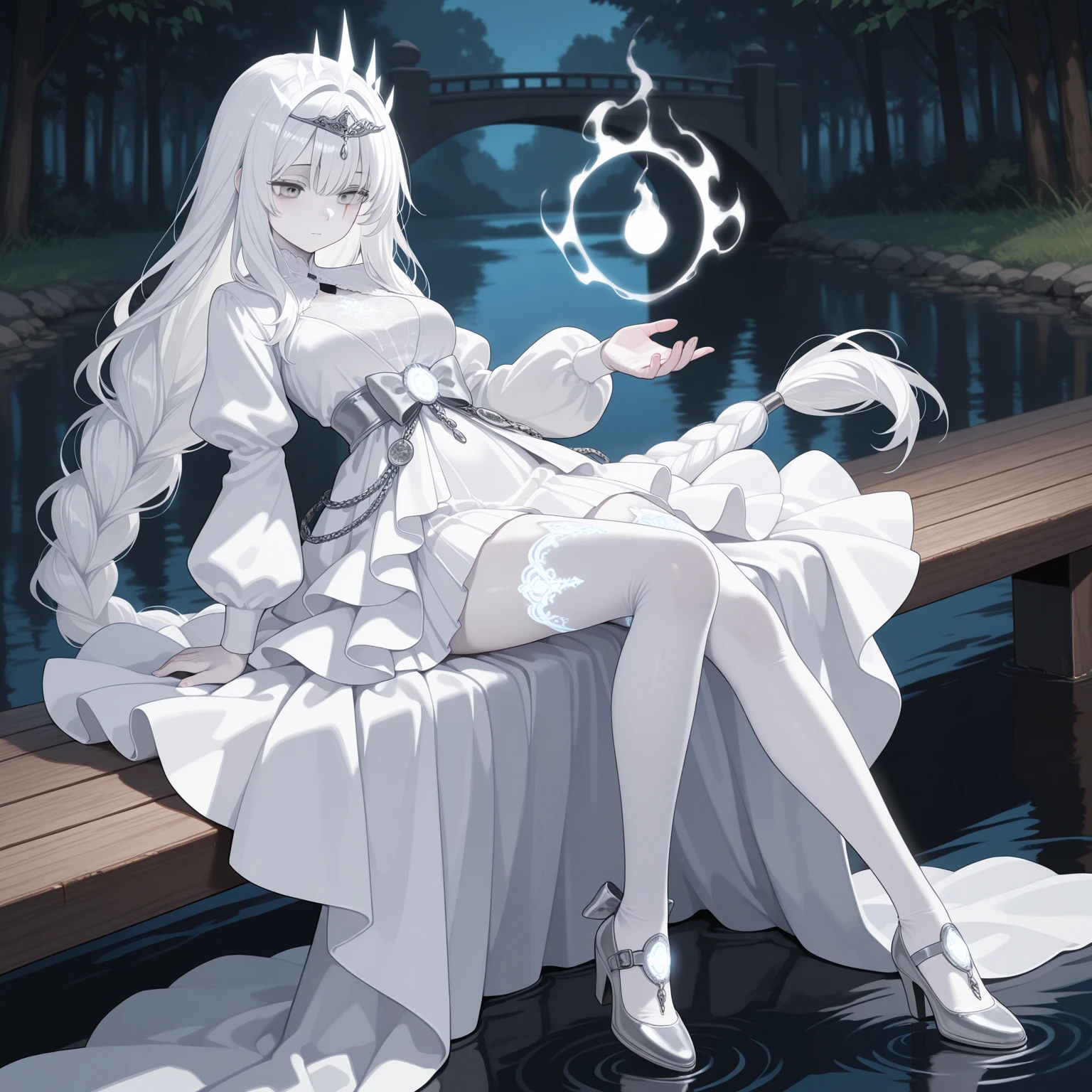 ((masterpiece)), ((bestquality)), (ultra-detailed), 1 girl, white hair, blue eyes, sitting in a creek, detailed face, dragonian_head, dragonian_body, dragonian_hairstyle, dragonian_horns, dragonian_tail, white long dress, black choker, silver circlet, creek, forest, clear line