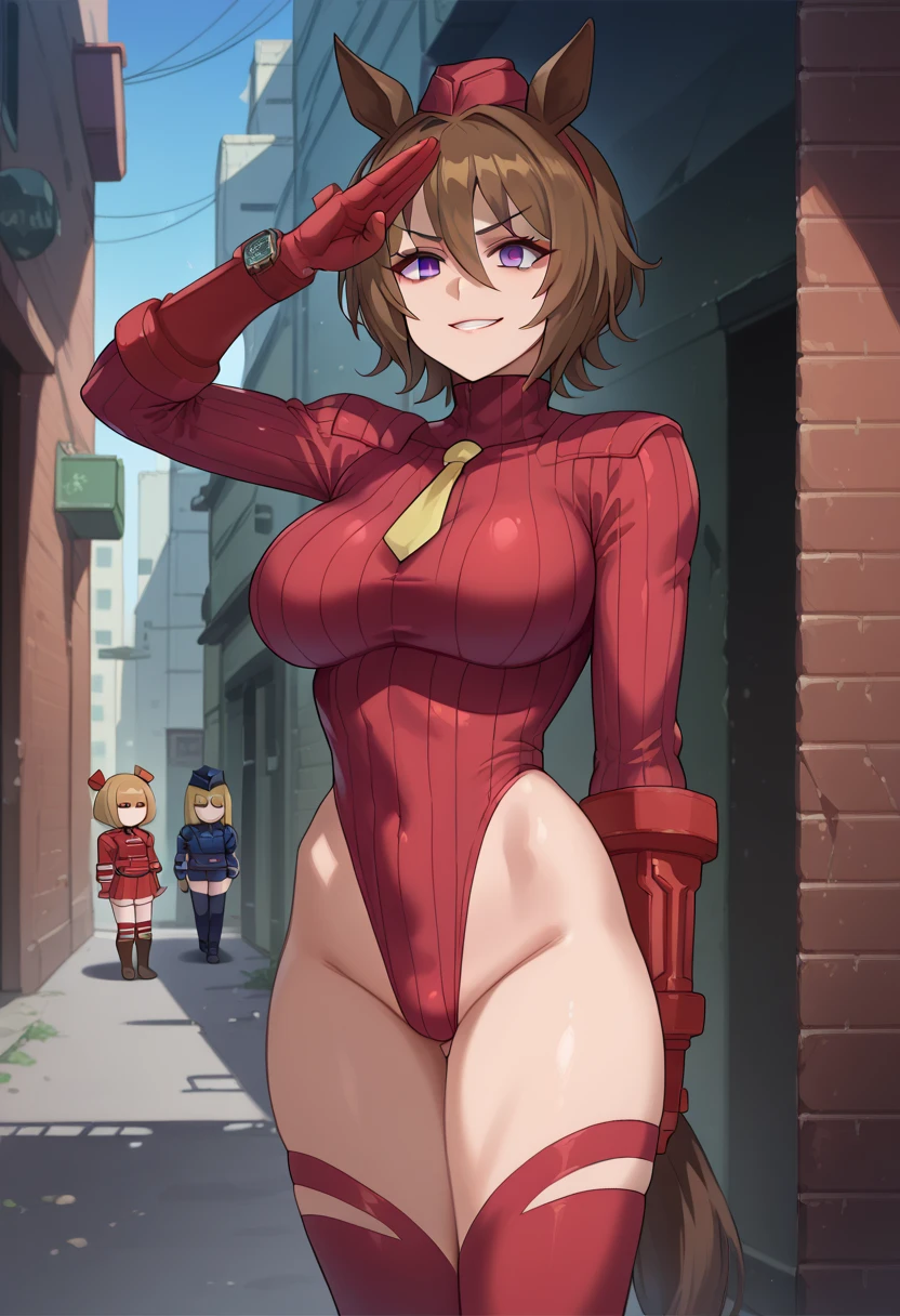 (((pixel-perfect, detail-perfect))), solo focus, 1girl, you watanabe, looking at viewer, smile, superhero, leotard, highleg leotard, bare legs, boots, standing, solo focus, tight belt, hands on hip, full body shot, city backdrop, sleeveless, ultra highres, absurdres, ((only five fingers)), perfect body, good proportions,