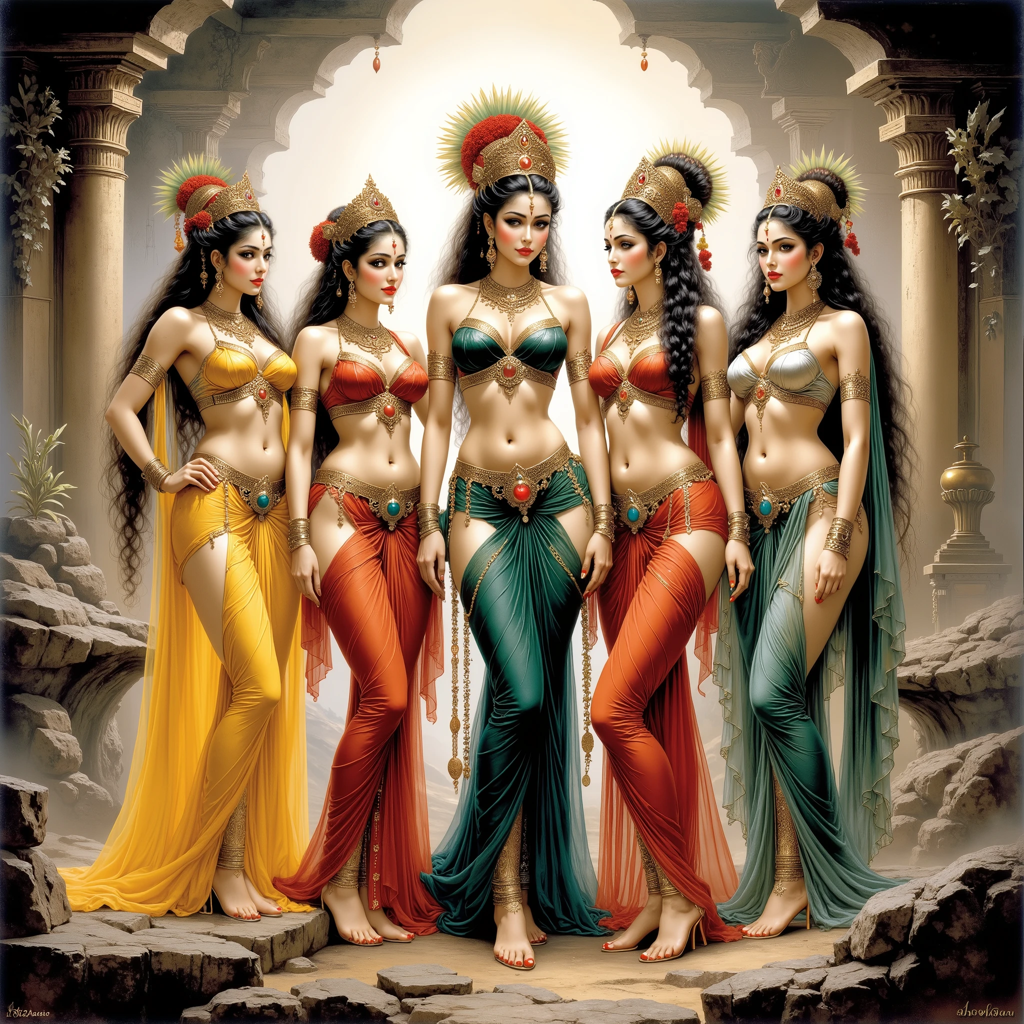 Celestial Hindu Apsaras, Ramba, Urvashi, Menka, Gritach, Tilotama standing in yellow, Red, green, , Purple Sari Exposed Navel