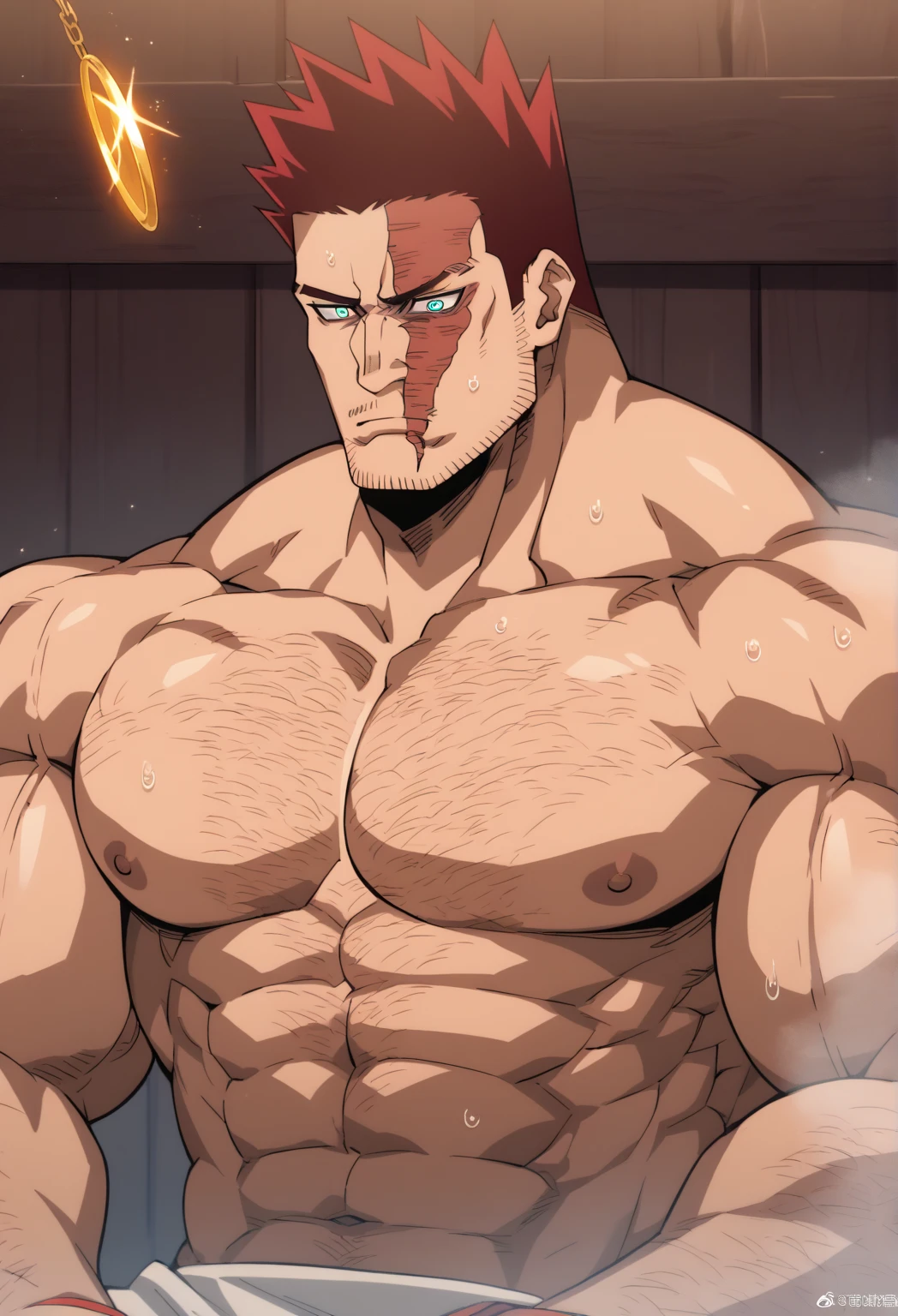 Endeavor sitting in the sauna, staring at golden pendulum, shirtless, beard, muscular, muscles, big biceps, broad shoulders, massive pecs, sweaty, hairy chest, glowing golden spiral in the eyes, blank expression, vacant stare, hypnotized, brainwashed, focused, High Resolution