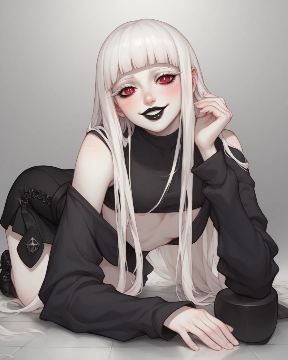 black pencil skirt, black long sleeve top, nude navel,Put your hands behind your back,restraints, white hair, Very long hair, straight hair, Cute, slender body, thin legs, Black thigh high stockings, Nylon stockings, hands in black leather handcuffs, hands, Connected by a chain, amrs togather, masochistic, whole body, on the knees, leather handcuffs, tattoo on the legs, large collar around the neck, 18 years, long eyelashes, mascara, cute face, Older, top to bottom bottom to top, hands behind your back, on the knees, submissive look, on a leash