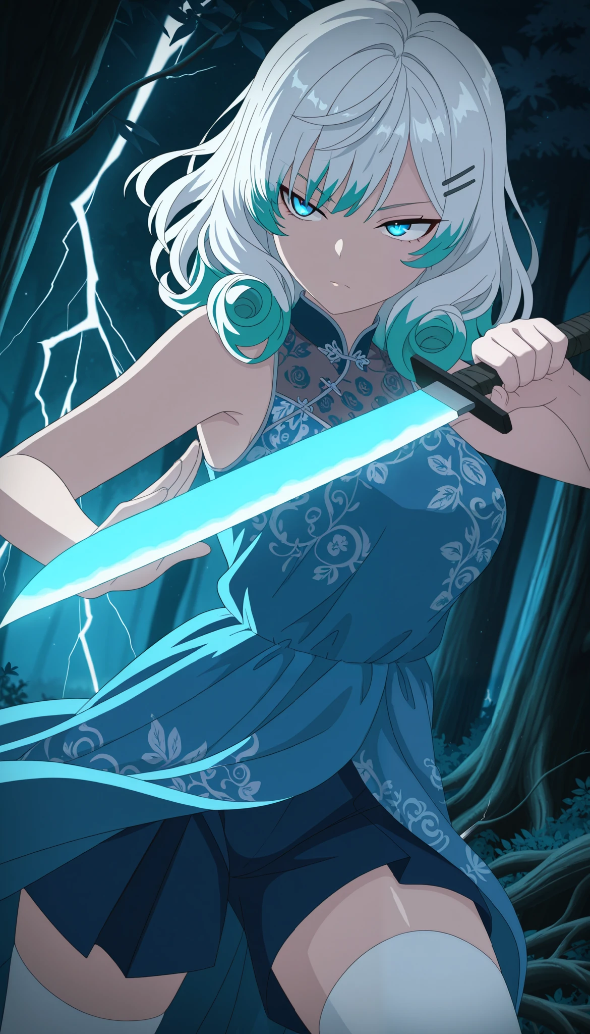 masterpiece, best quality, amazing quality, 1girl, female, adult, upper body, slender body, dynamic angle, serious, closed mouth, looking away, medium hair, hairclip, curly hair, white hair, multicolored hair, green tips hair, dark-blue eyes, (tsurime eyes), whiter ring on finger, curtain bangs, culottes(blue) dress, paisley pattern, printed on dress, silver trimmed, white thighhighs, sleeveless, outdoors, standing, holding(glowing)machete, fighting stance, dynamic pose, light rails, motion blur, Foliage, night, blue theme, dark background, trees, roots,dangling, dark, leaves, lightning light, fog, wind, spot light, face light, cinematic lighting, moonlight, soft focus, particles, flat color, anime coloring, anime screencap,