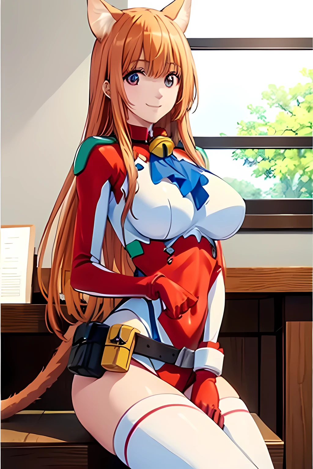 Anime girl sitting at a counter with her hands on her hips, seductive anime girl, oppai, thicc, oppai biomechanical, oppai proportions, asuka costume under clothes!, extremely detailed artgerm, beautiful seductive anime woman, painted in anime painter studio, in pixiv, rin, she has long orange brown hair,