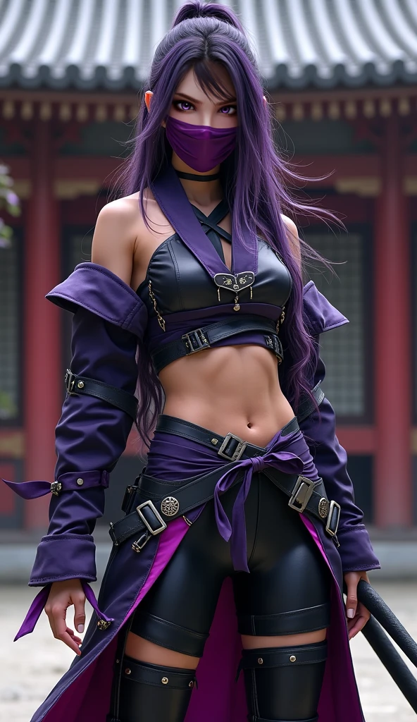 Hot beautiful purple female elf with purple smooth skin and white long hair she is a assassin wearing tight black leather armour wich gode up from her waist to her chest.She is also wearing black leather tights with boots,she is holding a dagger