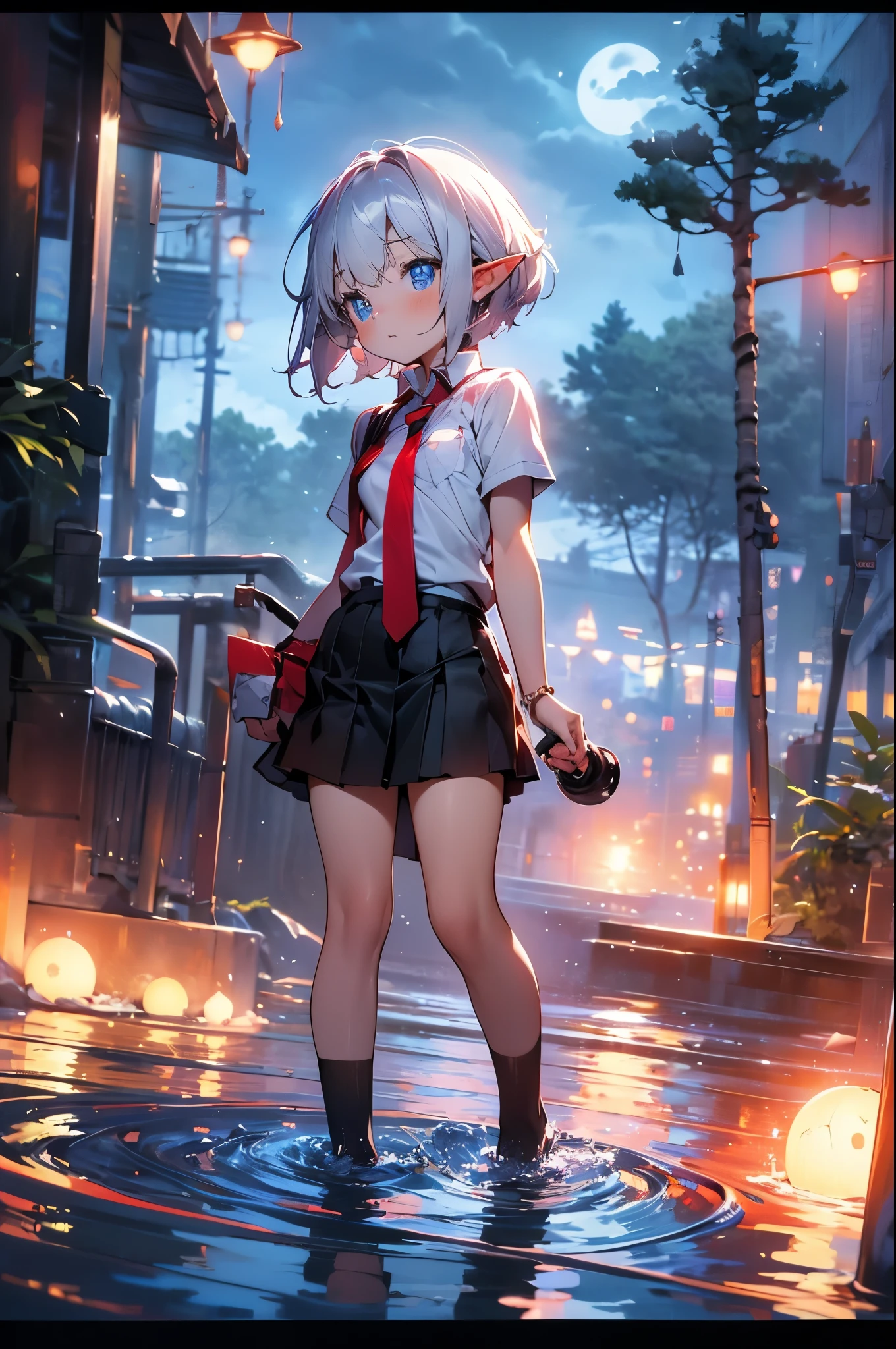 newest, Masterpiece, High quality, 8K Ultra HD, midnight, red moon, Mysterious forests, clear rivers, cloud fogy, one little elf girl, cute, small-chested, black school uniform, ((red tie)), hands camera. full body