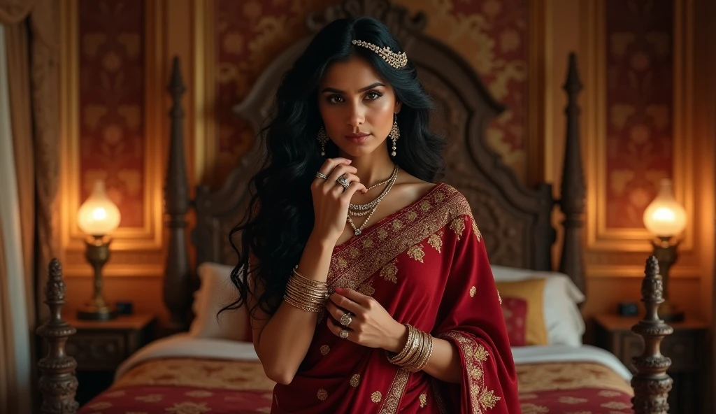 Maya Ali, horny, open legs, spread pussy, caressing breast, inviting viewer, large dark comfy bed, sex toys
