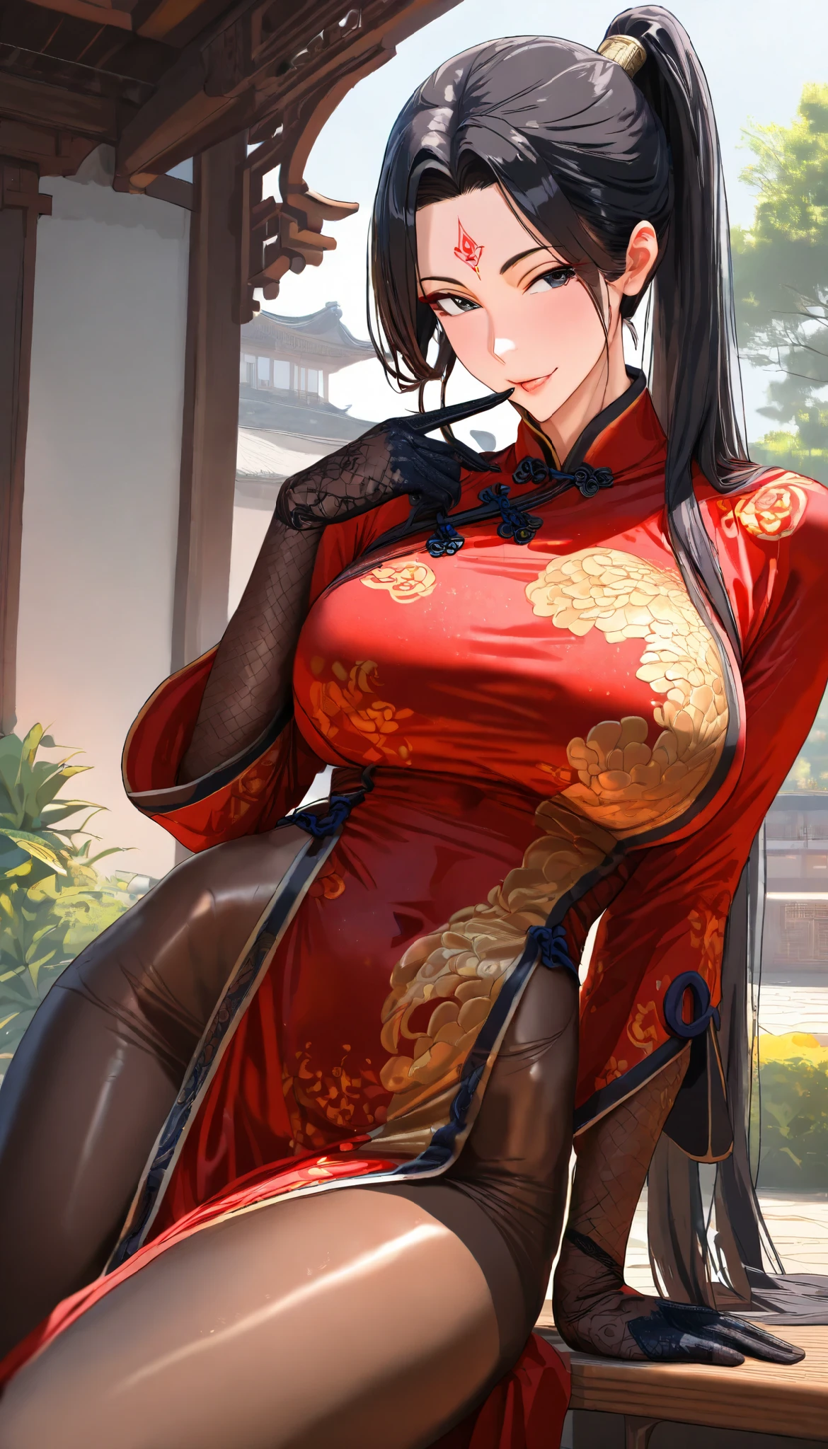 SOLO, A Female,Mature flavor, Perfect body, (Chinese long hair,Black Hair,Single ponytail),(Black eyes),Red Forehead tattoo, Wearing A Red Taoist Robe (Cheongsam style),Black pantyhose,Black long silk gloves, In the Chinese classical garden, Outdoor,Naughty face, bitting finger,UHD, anatomically correct, masterpiece, textured skin, high details, highres, 1080P, 16k, accurate, Beautiful face, Perfect face, Highly detailed beautiful face and eyes, Attractive face, Detailed face, Delicate facial features, Detailed skin,Cowboy shot,Look at the view,(((hbig bosom)))