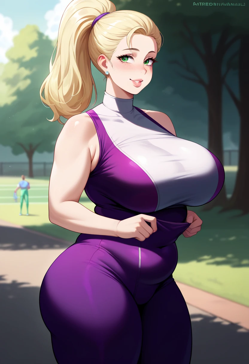 (masterpiece, best quality, realistic), Potrait of curvy white skin elf woman, see-trhough and tight clothes wearing, blonde hair, thick braided hair, long hair, horn, gigantic breasts, wide hips, thick thighs, grass field background, mountain, tress, lake, golden bracelet, golden bell, bell necklace, leather chocker, art by WLOP and william-adolphe bouguereau