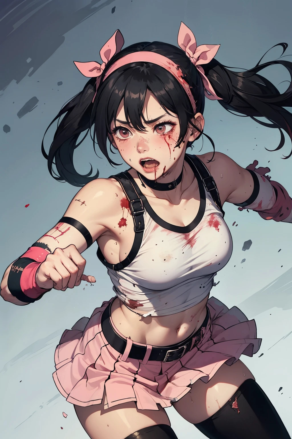 Covered in blood、A beautiful high school girl mixed martial artist covered in scars and a broken body。He was cornered against the cage during an Octagon bout.、I was punched repeatedly in the stomach.、Close your eyes、Fighting with open mouth and crying。Out of stamina。painful。Scared。Facial swelling。Bruised body。I'm soaked in sweat。Ripped and tattered sports bra and bikini、Open Finger Gloves。Erect nipples。Short black hair。
