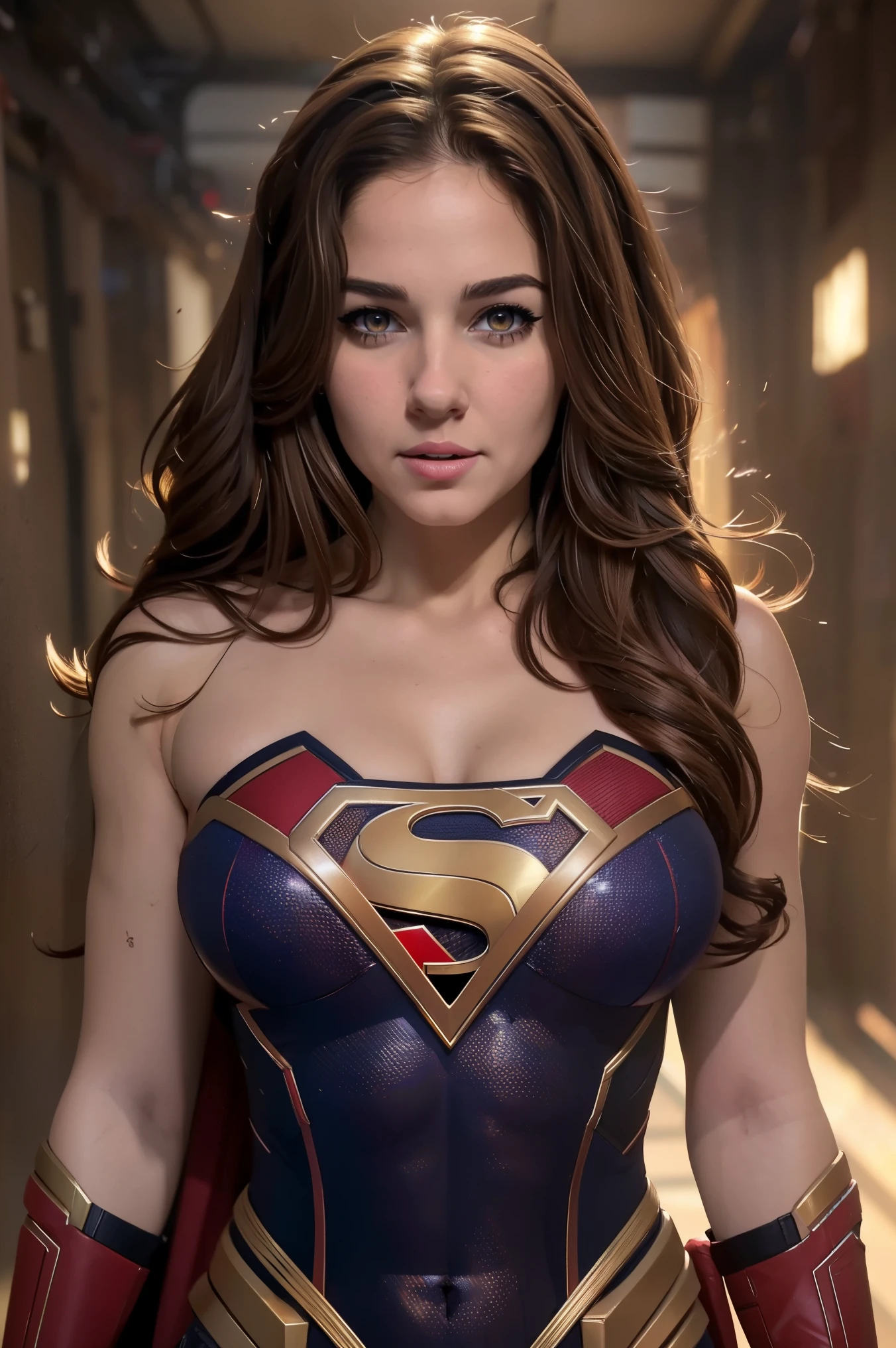 (Best Quality),(Masterpiece),(Ultra Detailed),(4k resolution),(Extremely detailed),Abstract expressionist painting "Hyperion", sexy Supergirl, Digital Painting, character concept art portrait, Scary, small breast, plat chest, very muscular, (wavy long brown hair), red eyes, big city, full body