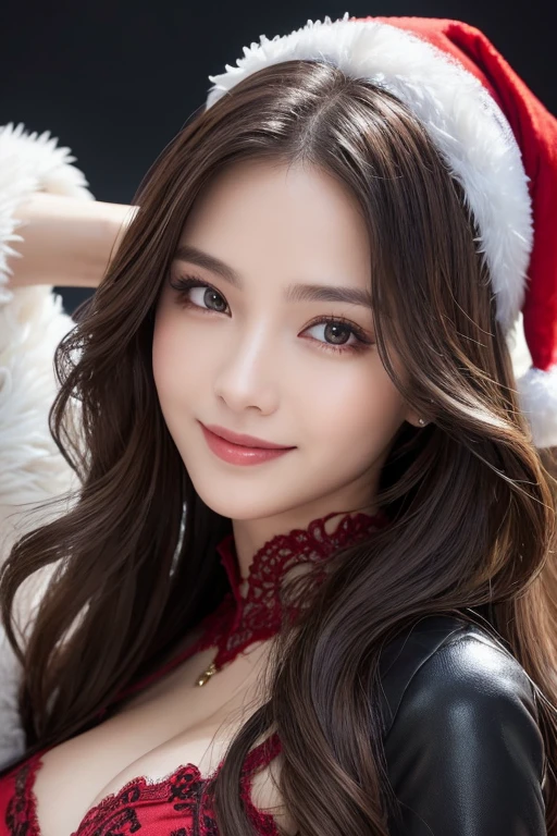 Red knitwear, turtleneck, red costume of Santa Claus, (open all buttons: 1.1), Santa Claus hat, smile, smile, big, big breasts, deep cleavage, chest hugging, top quality, masterpiece, illustration, very delicate and beautiful, very detailed, CG, 8K wallpaper, amazing, fine details, highly detailed CG, Unity, 8K wallpaper, Huge file size, very detailed, high resolution, well-groomed detail woman, very detailed big eyes and face, amazing detailed eyes, face light, (Best Illustration: 1.1), Ultra High Resolution, (Photoreal: 1.1), (Photoreal: 1.2:1.1), Realistic Face Proportions, Slender, Smile, (Makeup: 0.4), (Fluffy Pale Colored Eyes: 1.21), Light Colored Eyes, Round eyes, gaze to look at the beholder, dark brown hair, earrings, necklace, hairpin, (irregular irregular skin imperfections, veins, skin pores: 1.2), white background, (bokeh: 1.4), straight hair, very short hair, short bob hair, little bangs, gloss on skin, gloss on face, gloss on lips, gloss on chest, gloss on skin, smile, smiling, teeth, beautiful alignment, Long neck, big eyes, clear eyes, clear double eyelids, put out both ears, tremendously cute, overwhelming beauty, highlight in the eyes, chest closer, face forward, body facing the viewer, put your hand on the cheek, perfect and detailed and beautiful hand, perfect and detailed and beautiful fingers, precise number of arms, precise number of fingers, reach out to the camera