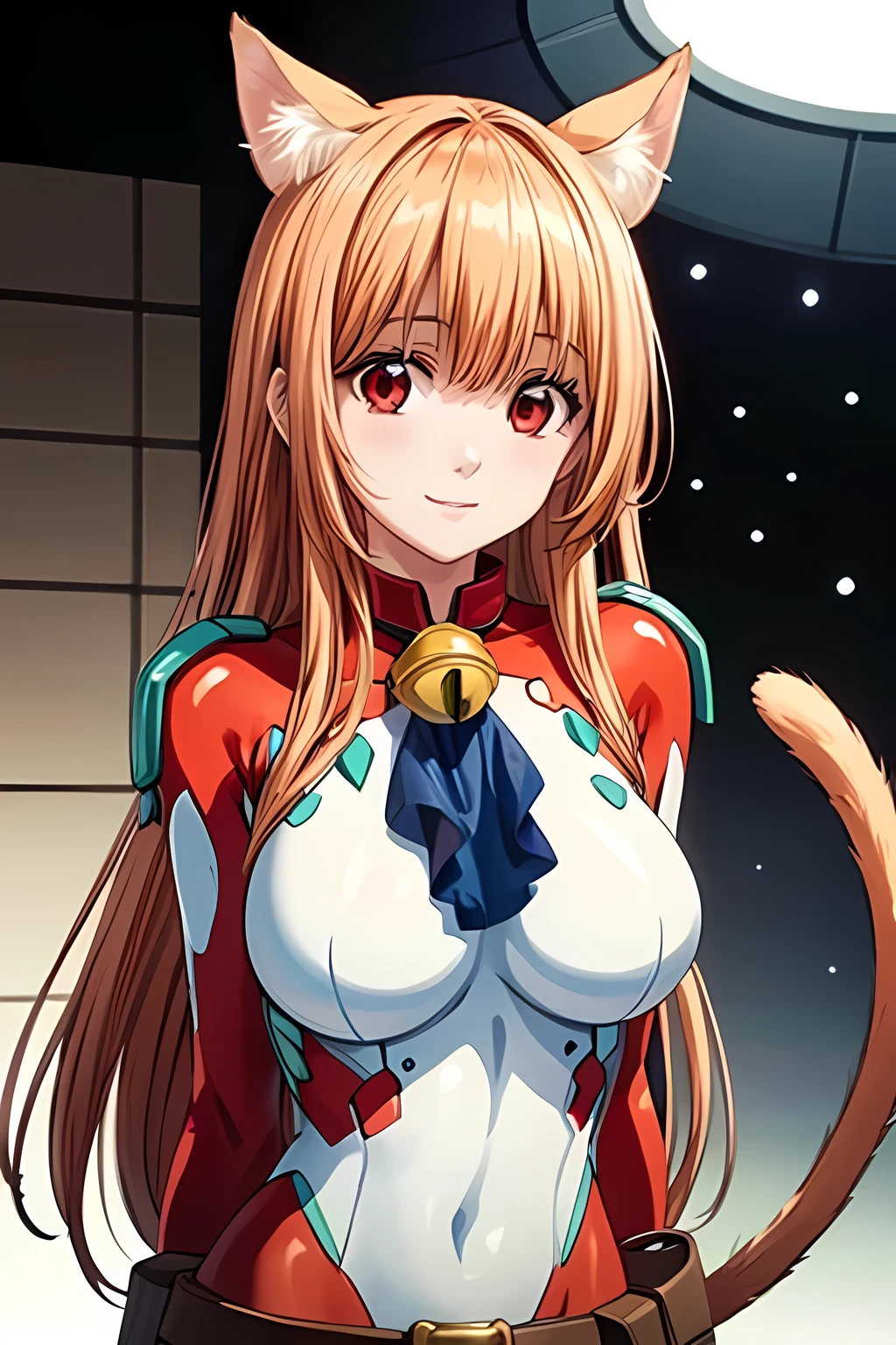 (extremely detailed CG unity 4k wallpaper),(masterpiece),(best quality),(ultra-detailed),(best illustration),(best shadow),(absurdres),(detailed background) <lora:IGT_Eris-v1:0.8> Eris, 1girl, animal ears, solo, bell, breasts, jingle bell, tail, long hair, red leotard, pouch, leotard, cat tail, cat ears, thighhighs, large breasts, belt pouch, red eyes, belt, loose belt, orange hair, white thighhighs, bangs, looking at viewer, simple background, cowboy shot, light smile, neck bell, smile, very long hair, turtleneck, gloves, bracer, collar, standing, ascot