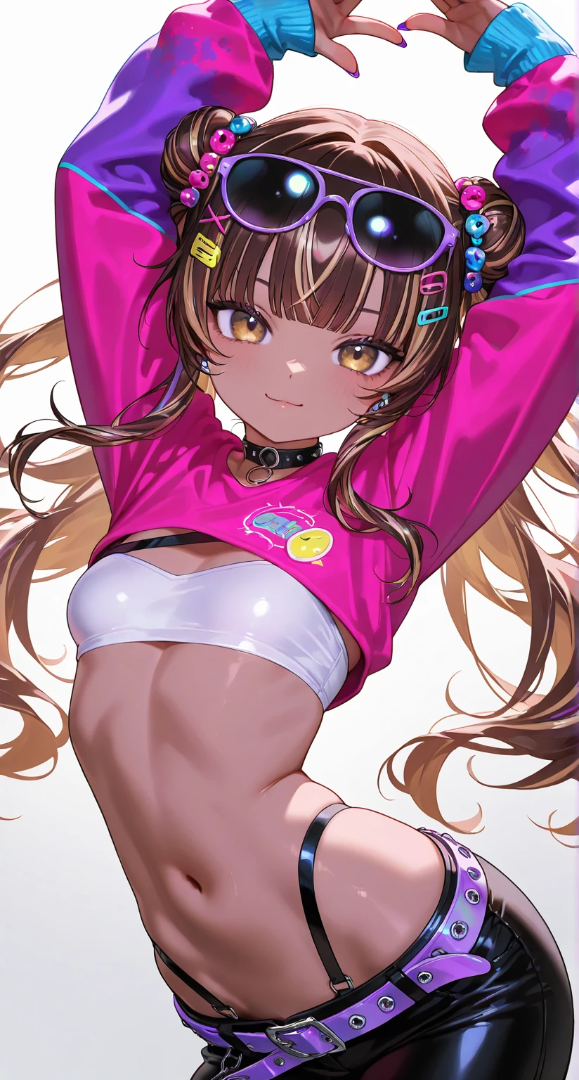Masterpiece, best quality,Minami kotori,solo, smile ,latex pants, off shoulder tube top,navel, bracelet, midriff, headphones, cleavage