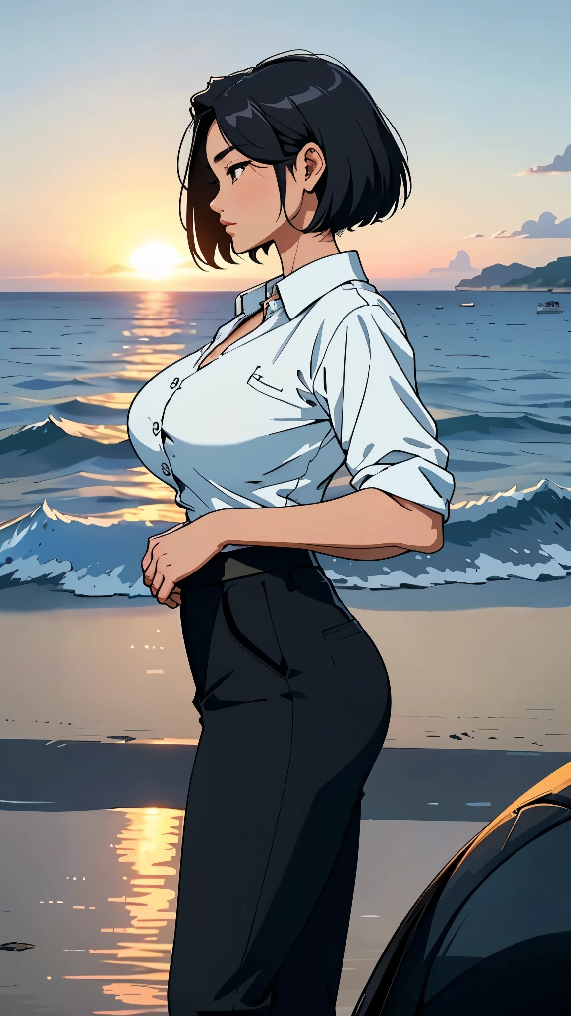 (best quality, masterpiece:1.2), A beautiful Korean woman with a glamorous figure, (huge breasts), neat short hair, seen from the side, wearing dress pants and a white button-up shirt, stands by the sea under the evening sunset