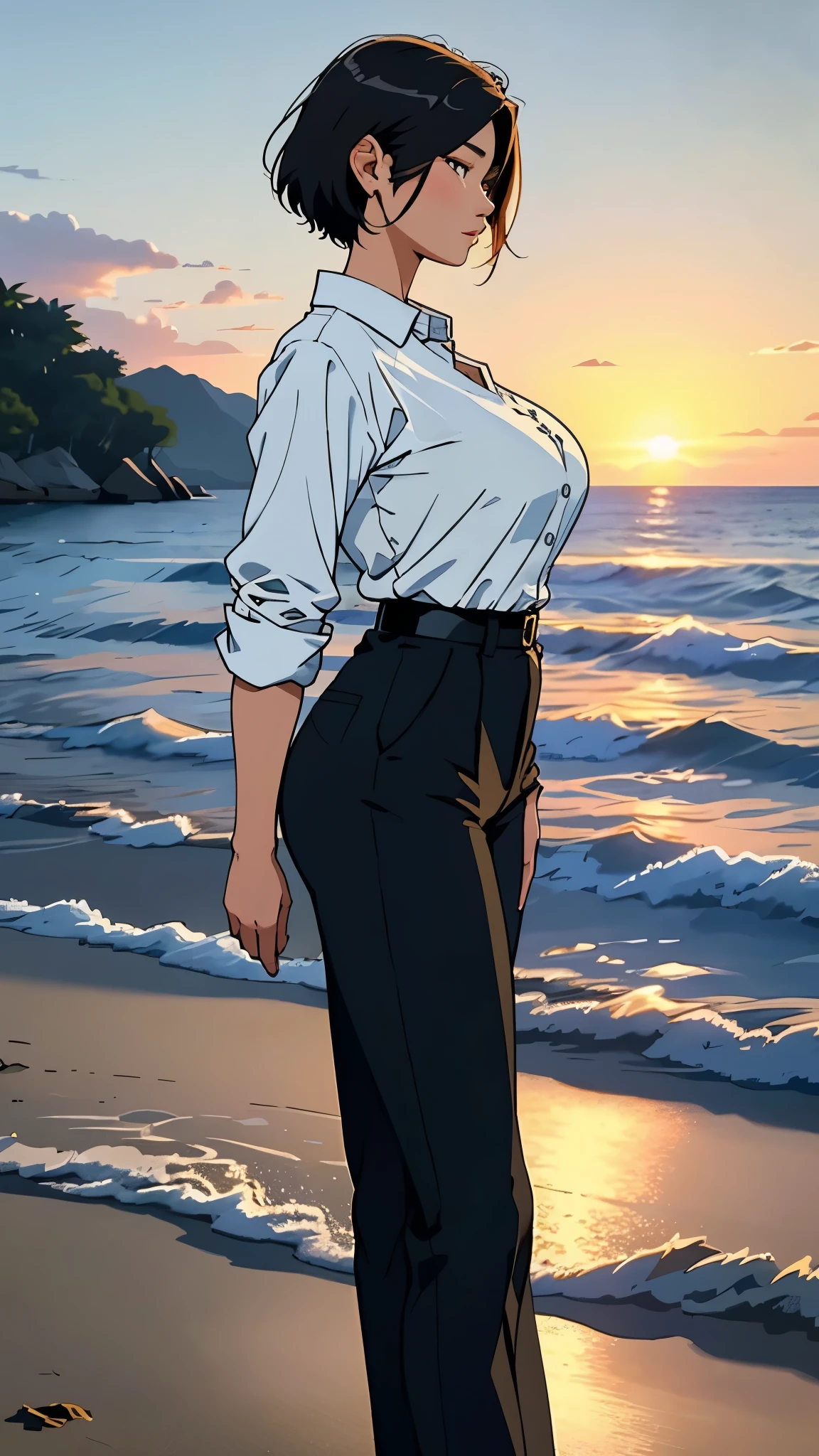 (best quality, masterpiece:1.2), A beautiful Korean woman with a glamorous figure, (huge breasts), neat short hair, seen from the side, wearing dress pants and a white button-up shirt, stands by the sea under the evening sunset